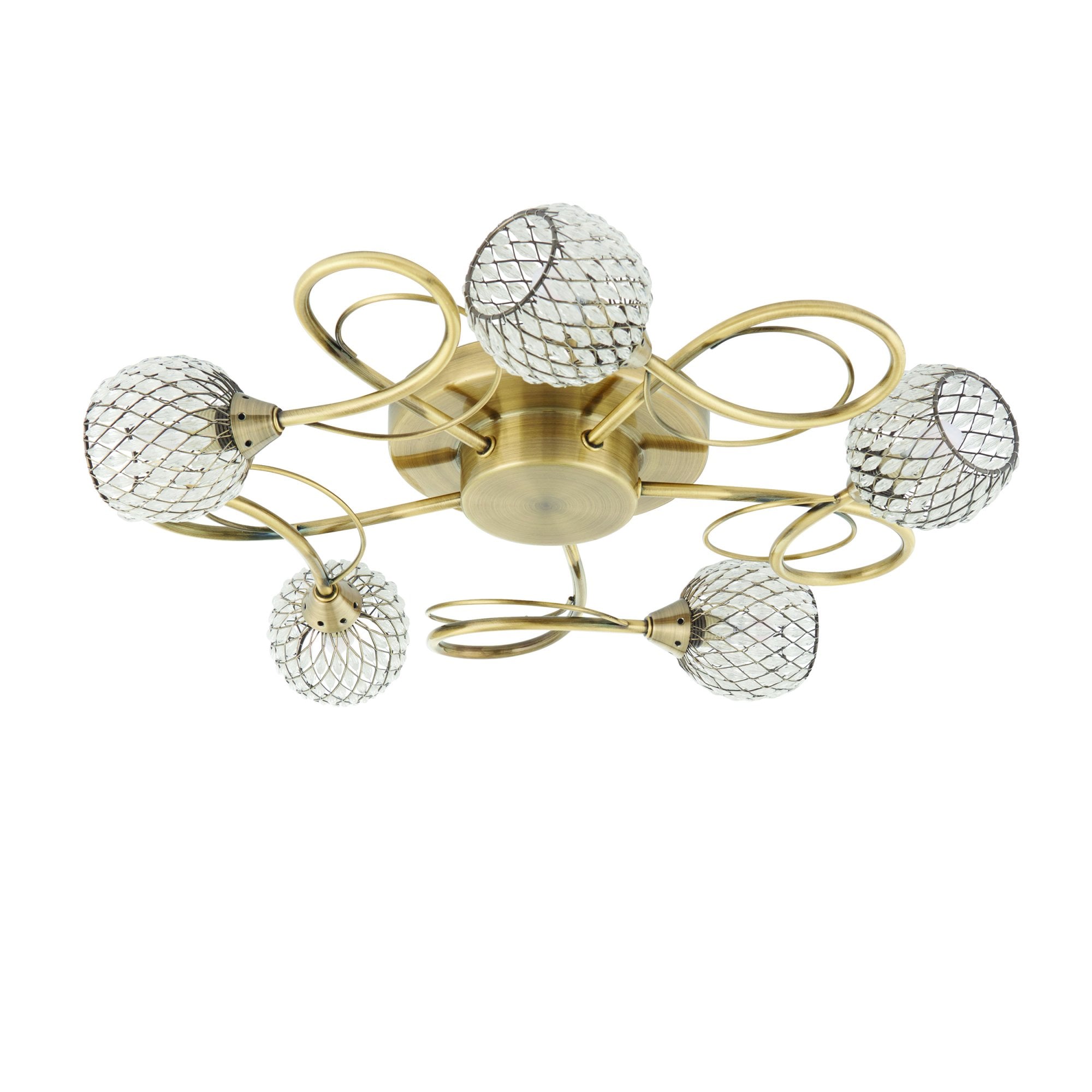Endon Aherne 5 Light Semi Flush Fitting - Antique Brass Plate With Clear Glass & Brass Wire