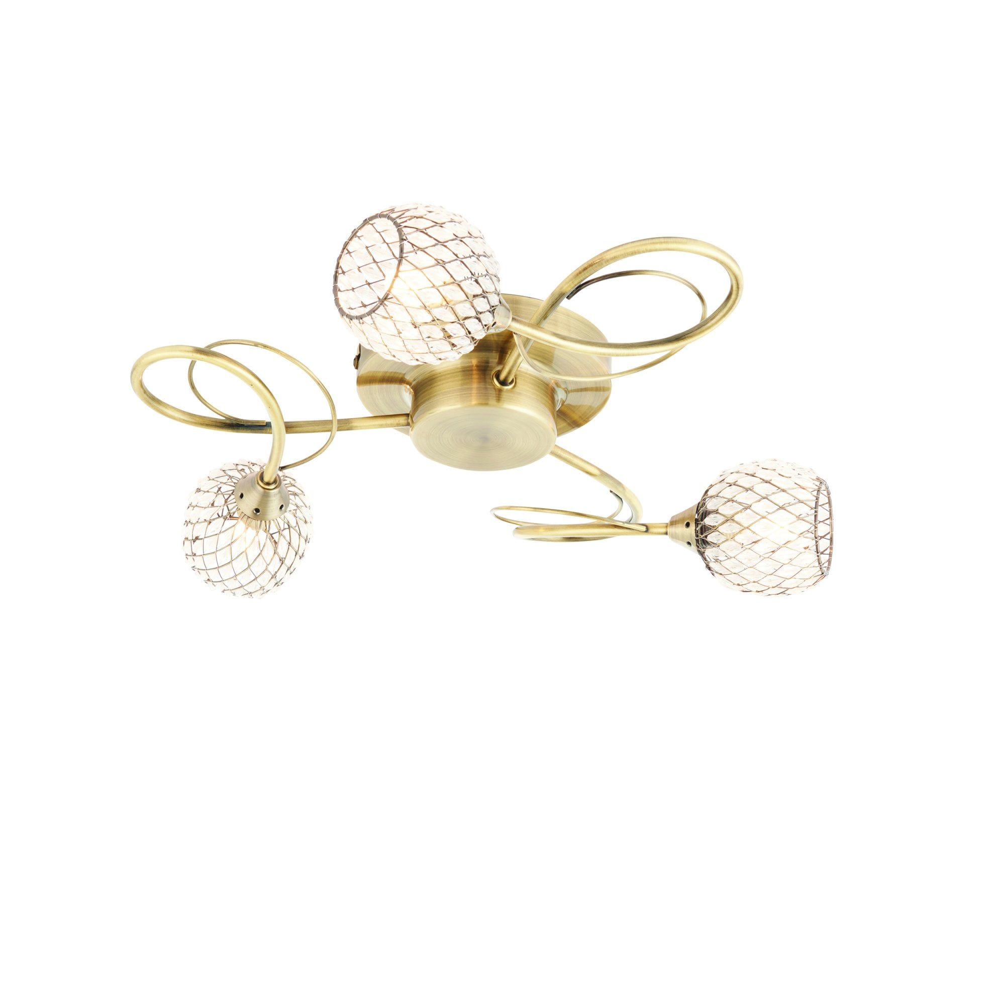 Endon Aherne 3 Light Semi Flush Fitting - Antique Brass Plate With Clear Glass & Brass Wire