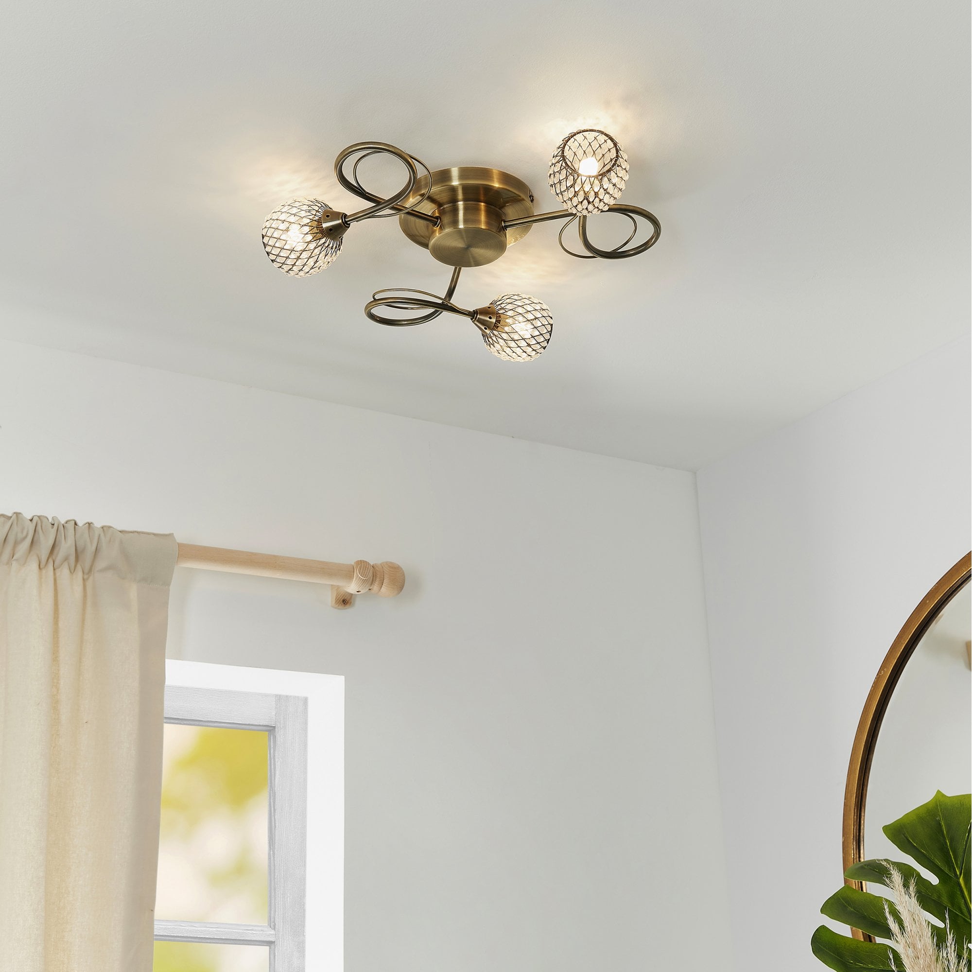 Endon Aherne 3 Light Semi Flush Fitting - Antique Brass Plate With Clear Glass & Brass Wire