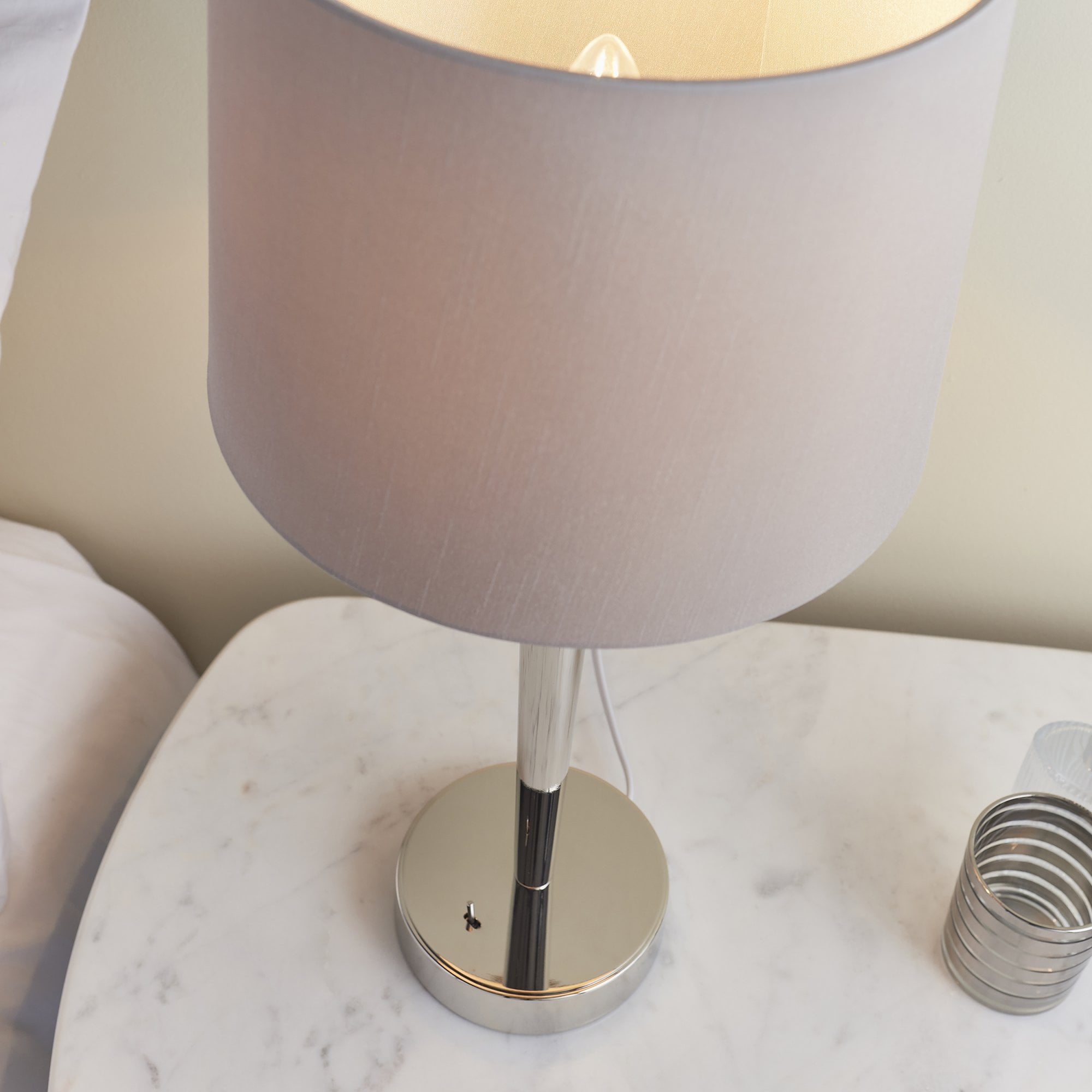 Endon Syon Single Light USB Table Lamp - Bright Nickel Plate & Mink Fabric