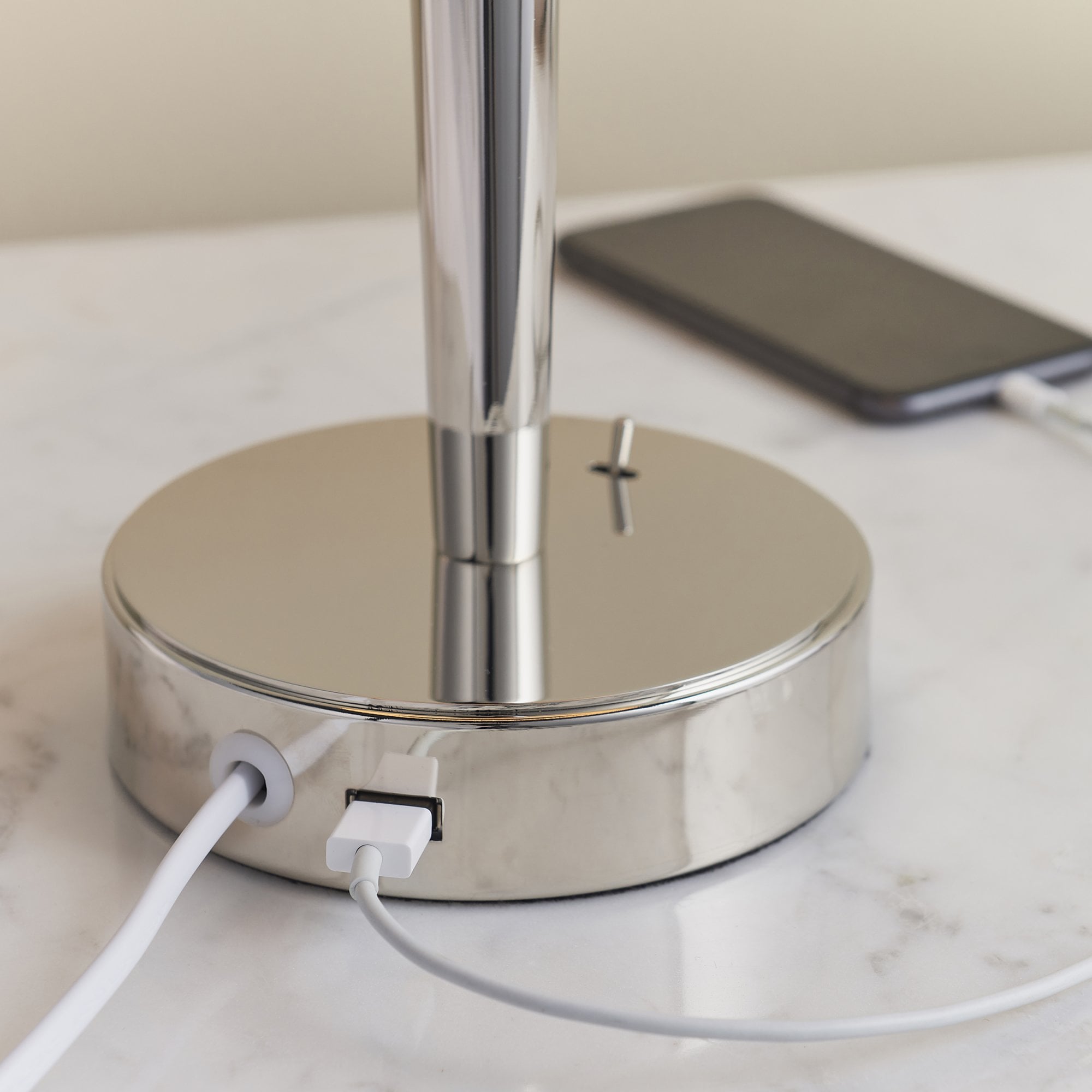 Endon Syon Single Light USB Table Lamp - Bright Nickel Plate & Mink Fabric