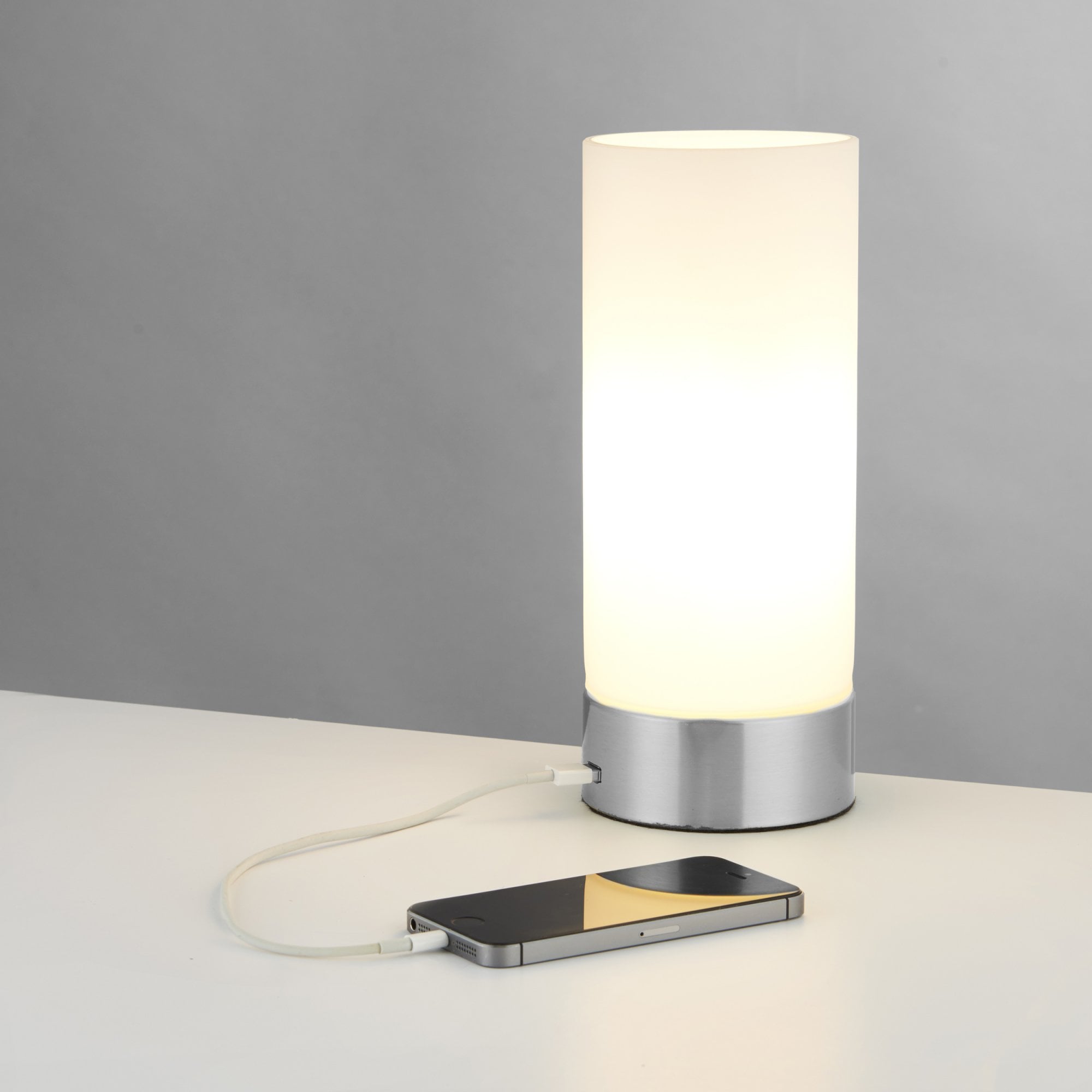 Endon Dara Single Light USB Table Lamp - Brushed Nickel Plate & Opal Glass