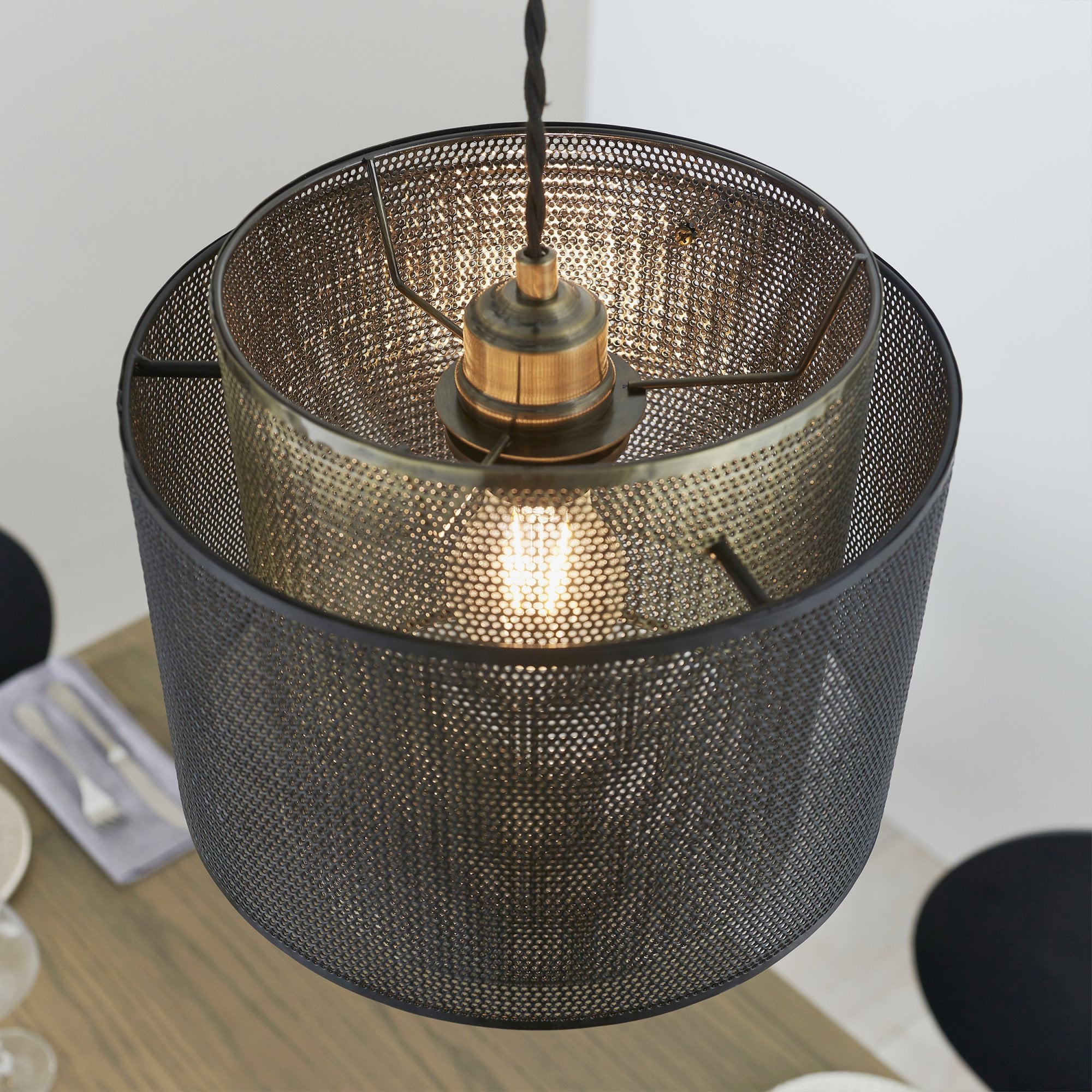 Endon Plexus Single Light Pendant Shade 340mm - Matt Black & Antique Brass Plate - Shade Only