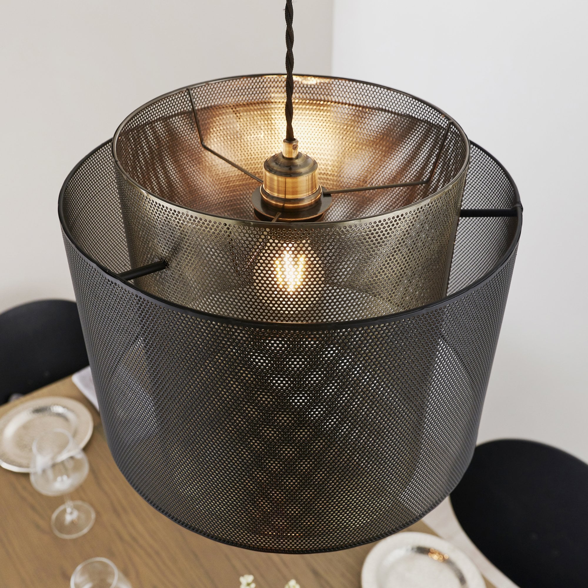 Endon Plexus Single Light Pendant Shade 250mm - Matt Black & Antique Brass Plate - Shade Only