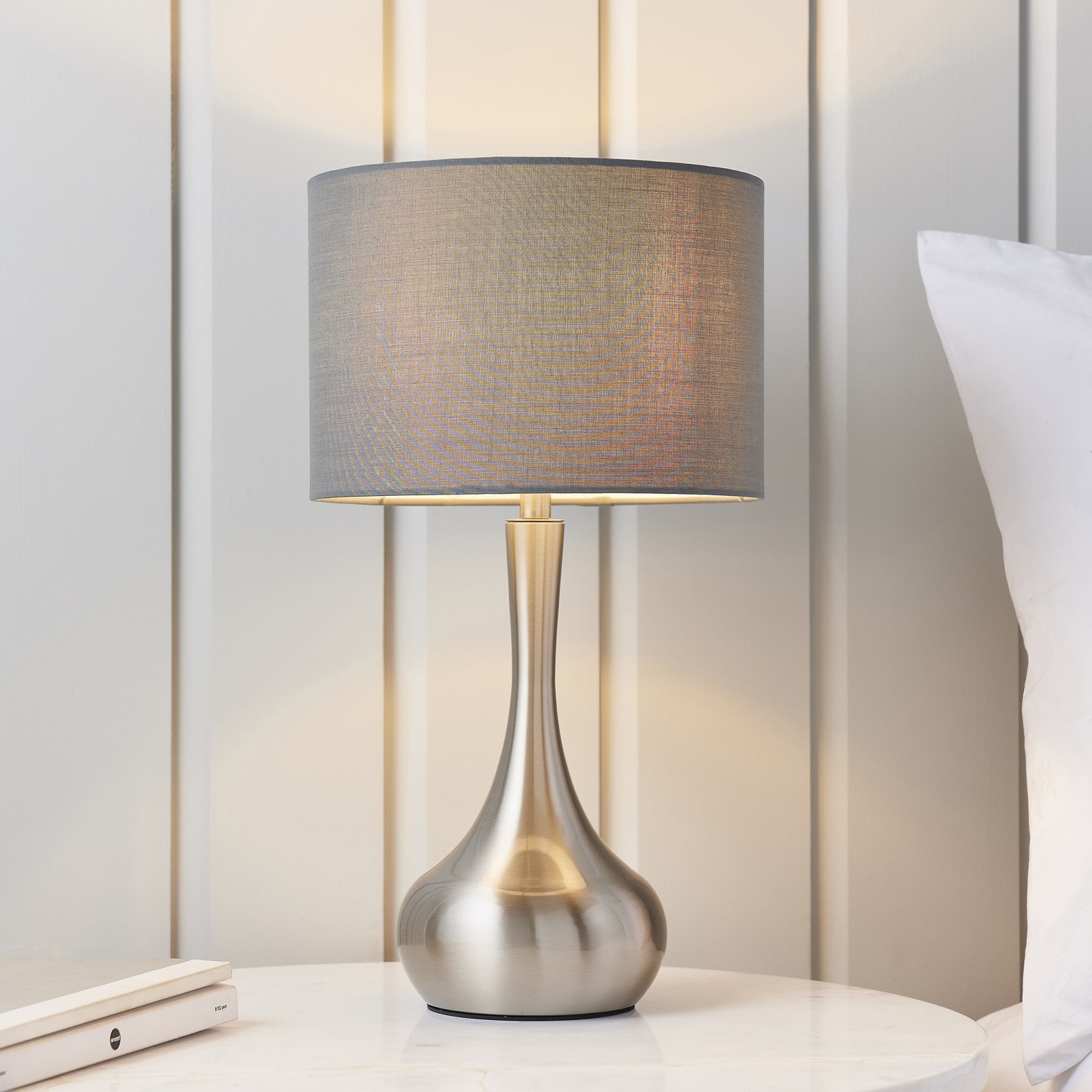 Endon Piccadilly Single Light Table Lamp - Satin Nickel Plate & Grey & Silver Fabric