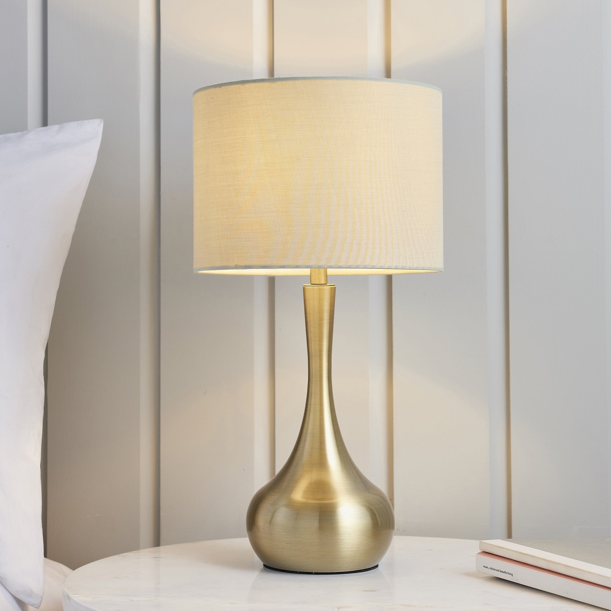 Endon Piccadilly Single Light Table Lamp - Soft Brass Plate & Taupe Fabric