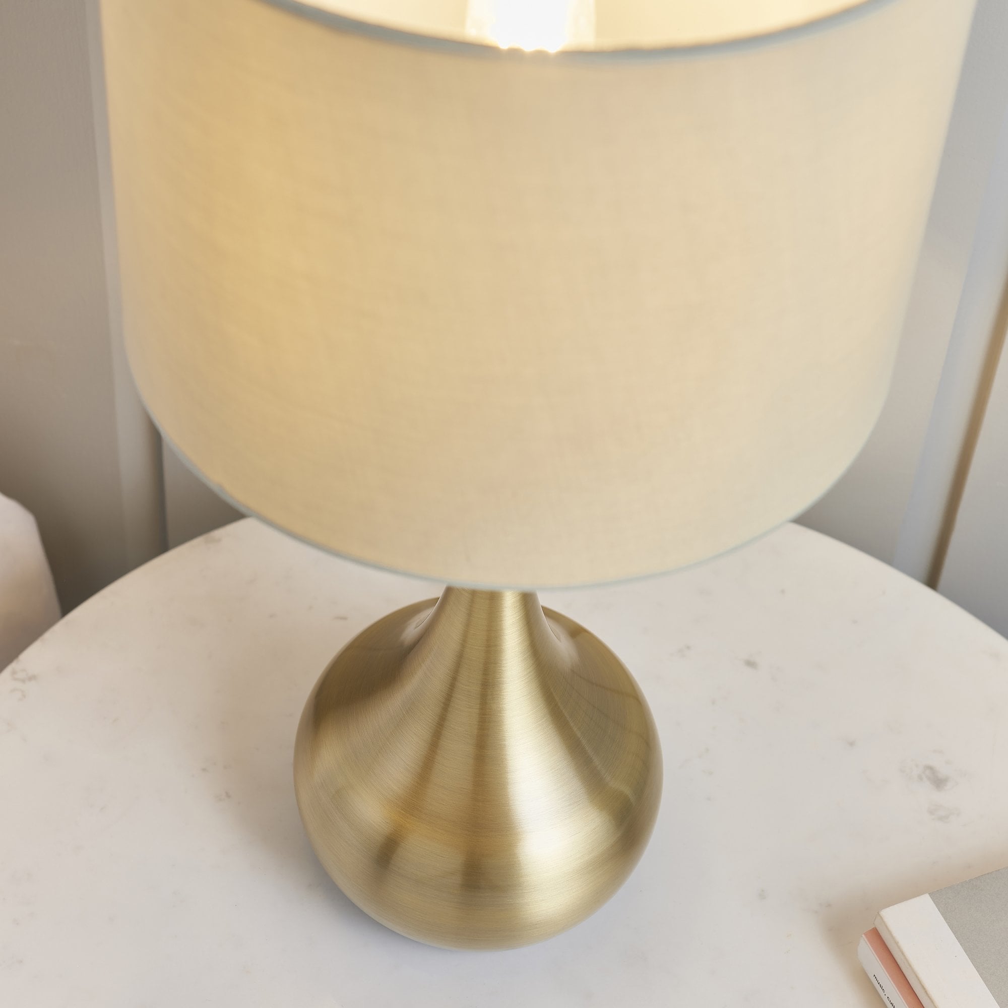 Endon Piccadilly Single Light Table Lamp - Soft Brass Plate & Taupe Fabric