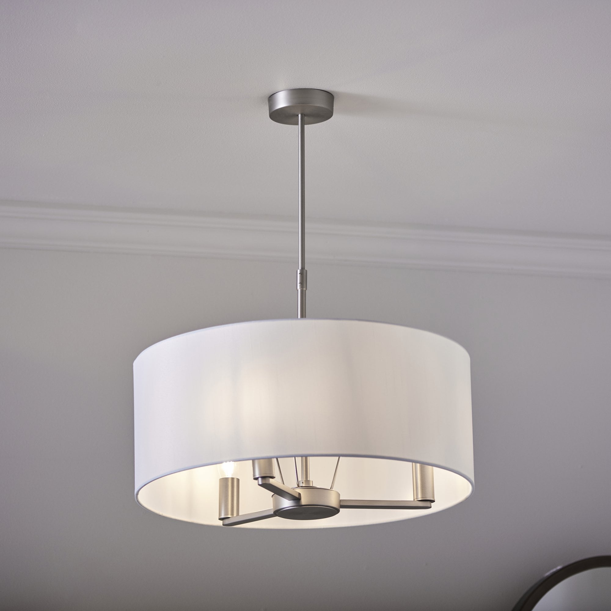 Endon Daley 3 Light Pendant - Matt Nickel & Vintage White Faux Silk