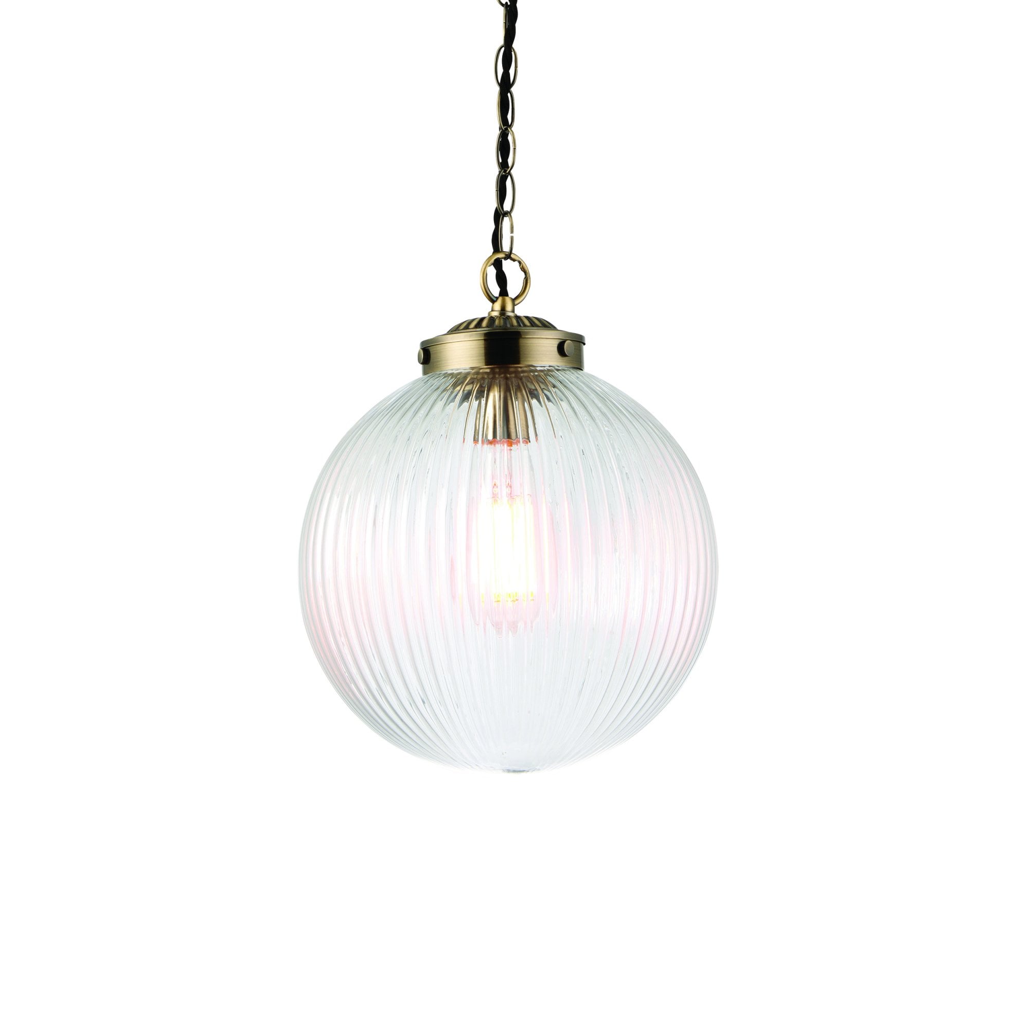 Endon Brydon Single Light Pendant 250mm - Antique Brass Plate & Clear Ribbed Glass