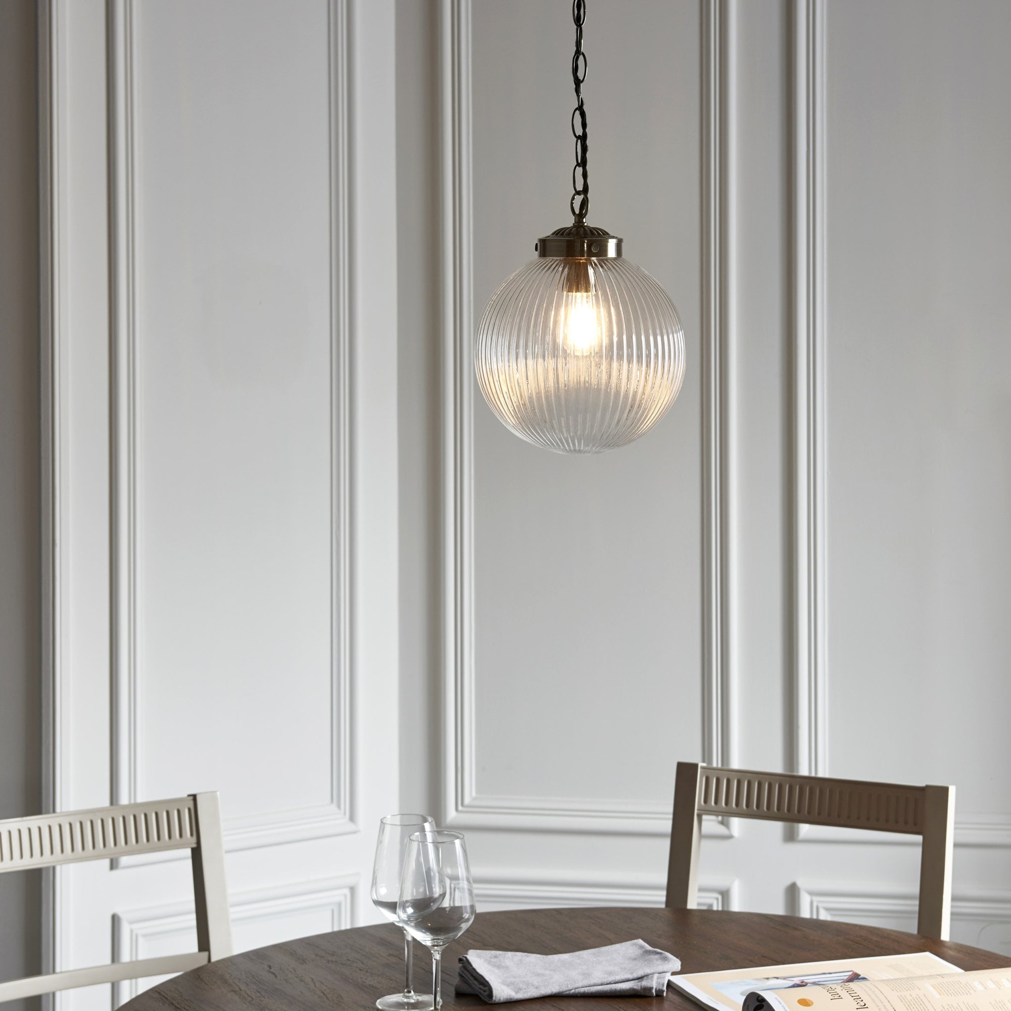 Endon Brydon Single Light Pendant 250mm - Antique Brass Plate & Clear Ribbed Glass