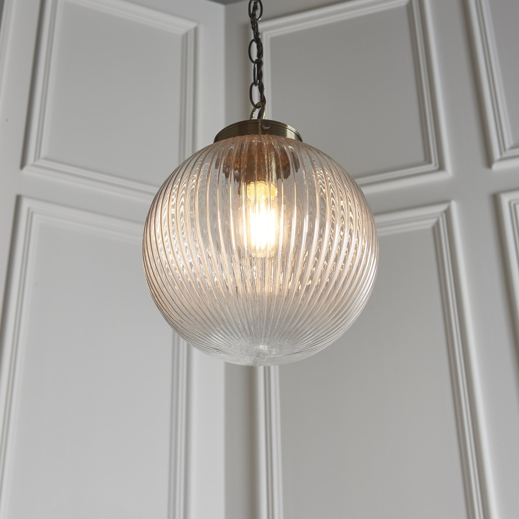 Endon Brydon Single Light Pendant 250mm - Antique Brass Plate & Clear Ribbed Glass