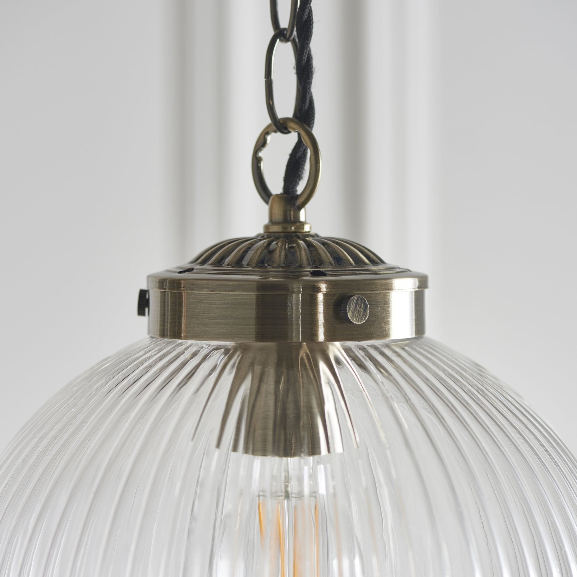 Endon Brydon Single Light Pendant 250mm - Antique Brass Plate & Clear Ribbed Glass