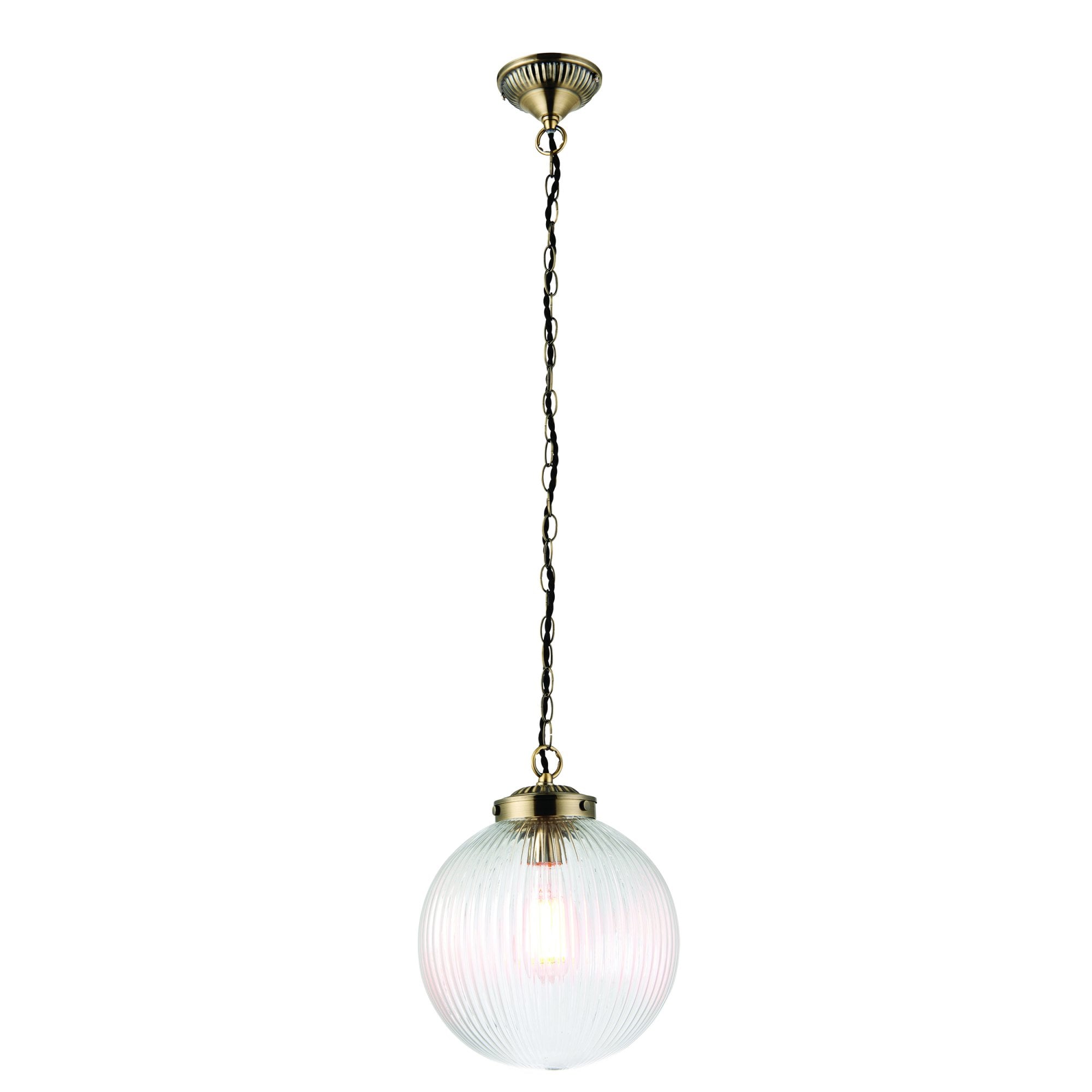 Endon Brydon Single Light Pendant 250mm - Antique Brass Plate & Clear Ribbed Glass