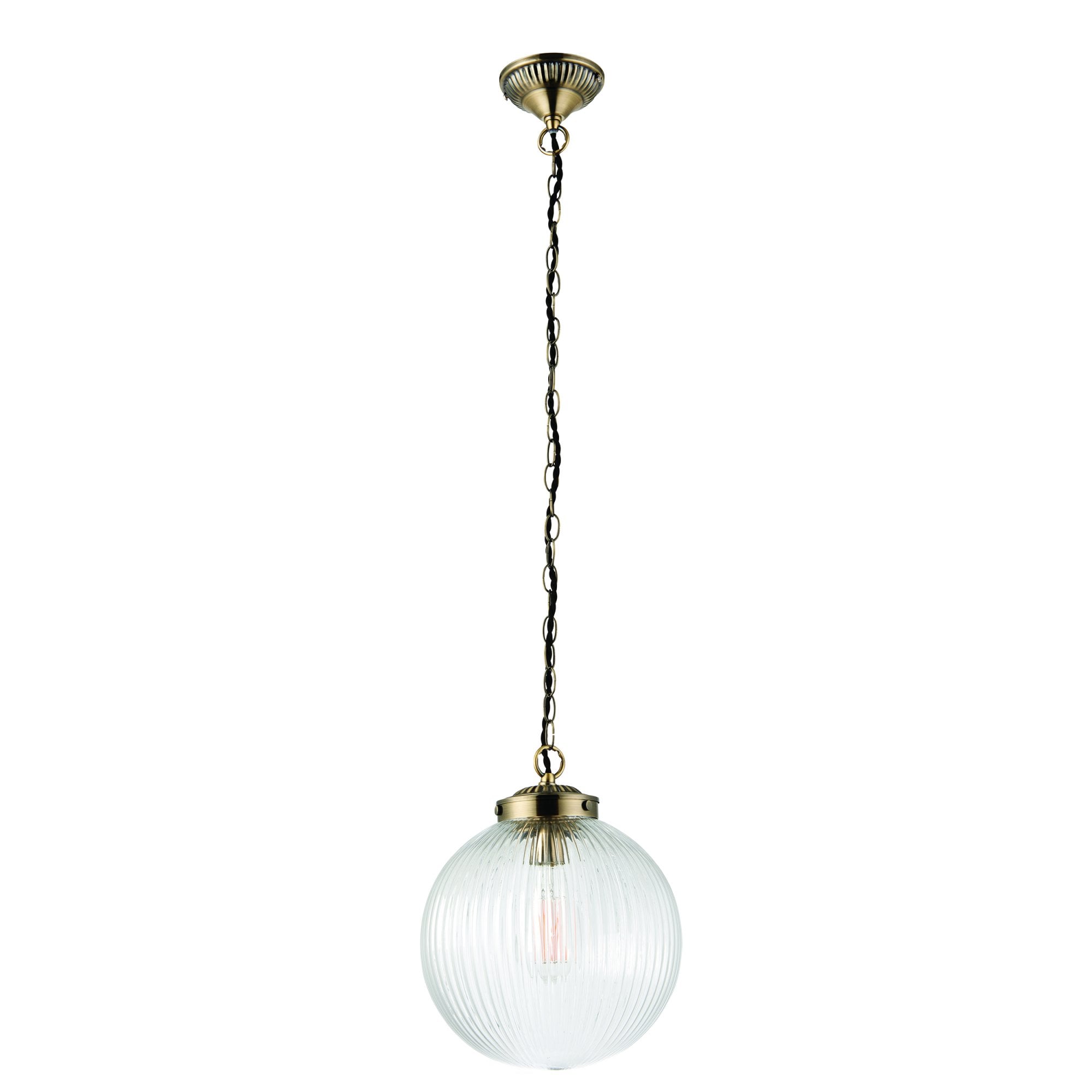 Endon Brydon Single Light Pendant 250mm - Antique Brass Plate & Clear Ribbed Glass