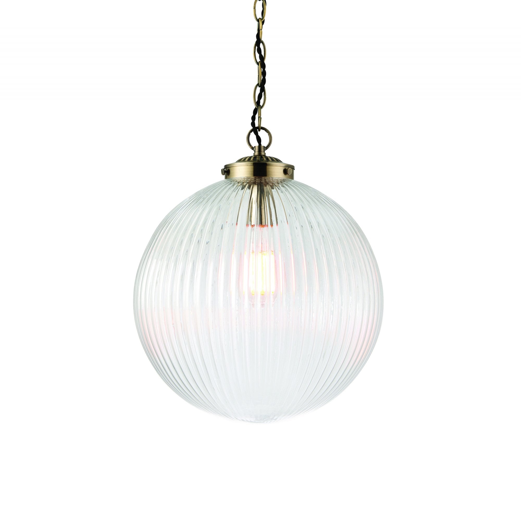 Endon Brydon Single Light Pendant 350mm - Antique Brass Plate & Clear Ribbed Glass