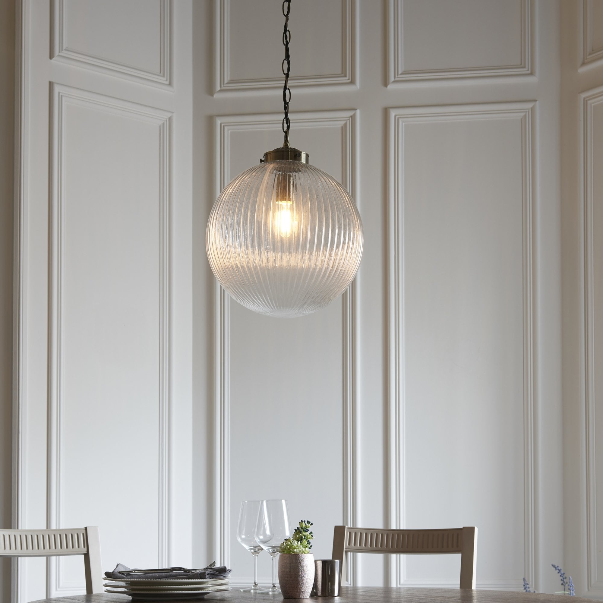 Endon Brydon Single Light Pendant 350mm - Antique Brass Plate & Clear Ribbed Glass