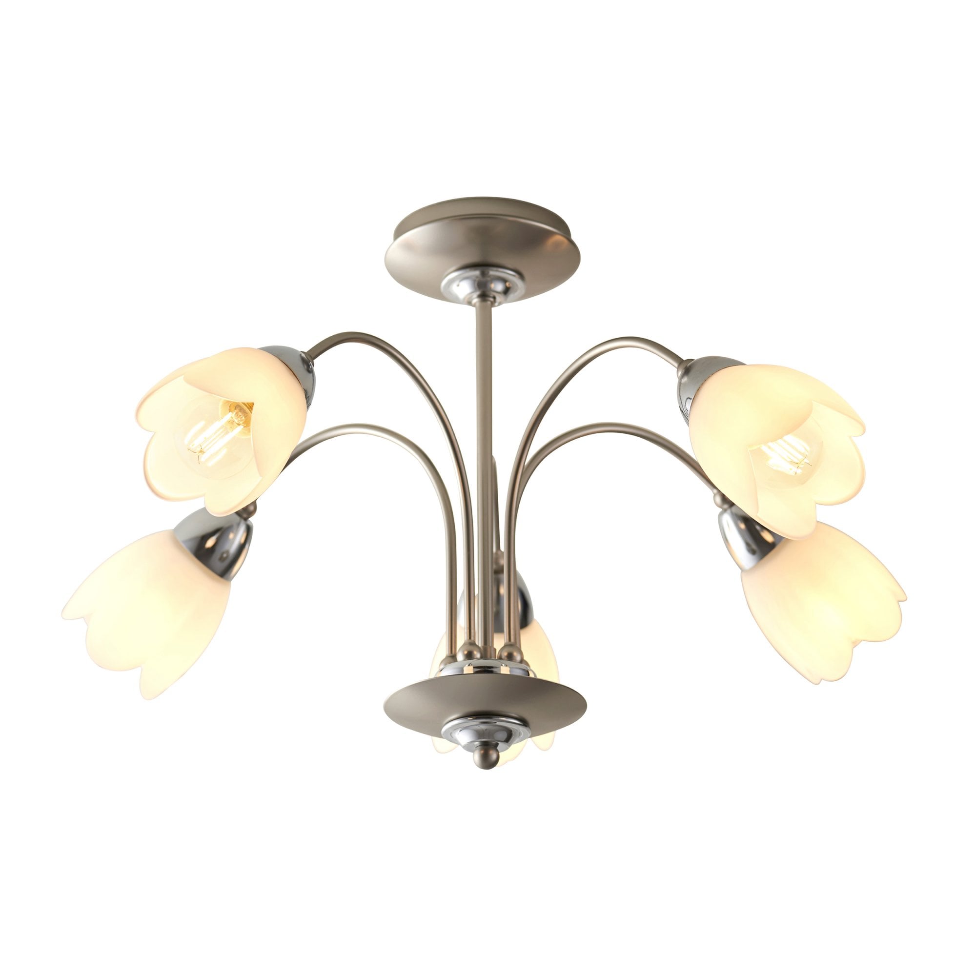 Endon Petal 5 Light Semi Flush Fitting - Satin Chrome Plate & Matt Opal Glass