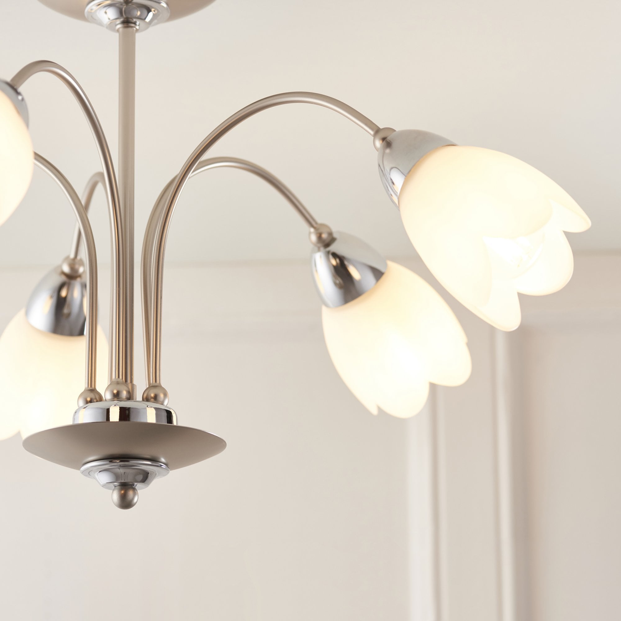 Endon Petal 5 Light Semi Flush Fitting - Satin Chrome Plate & Matt Opal Glass