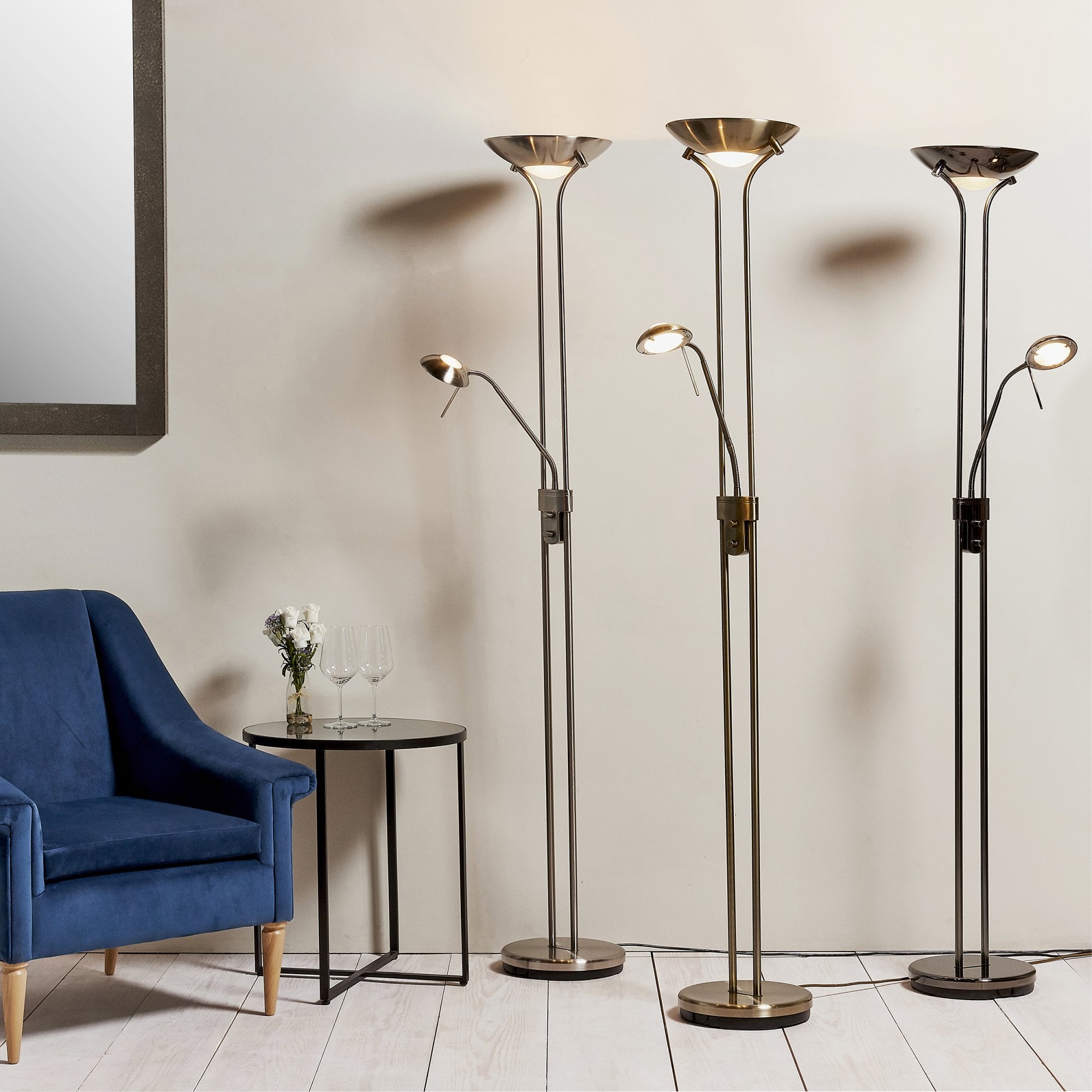 Endon Rome Single Light Floor Lamp - Antique Brass Plate & Opal Glass
