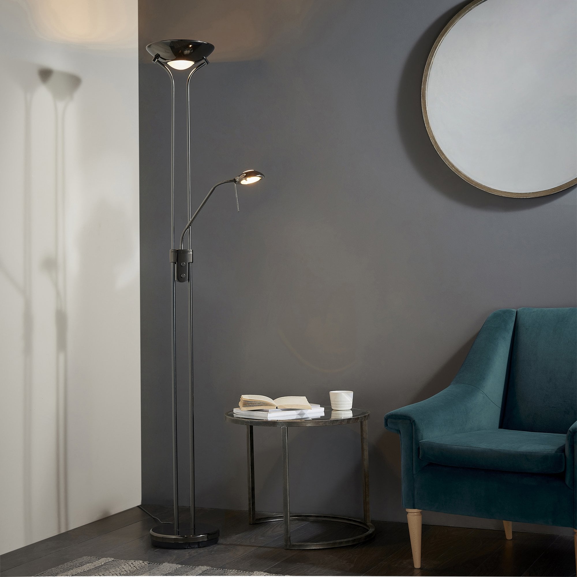 Endon Rome Single Light Floor Lamp - Black Chrome Plate & Opal Glass