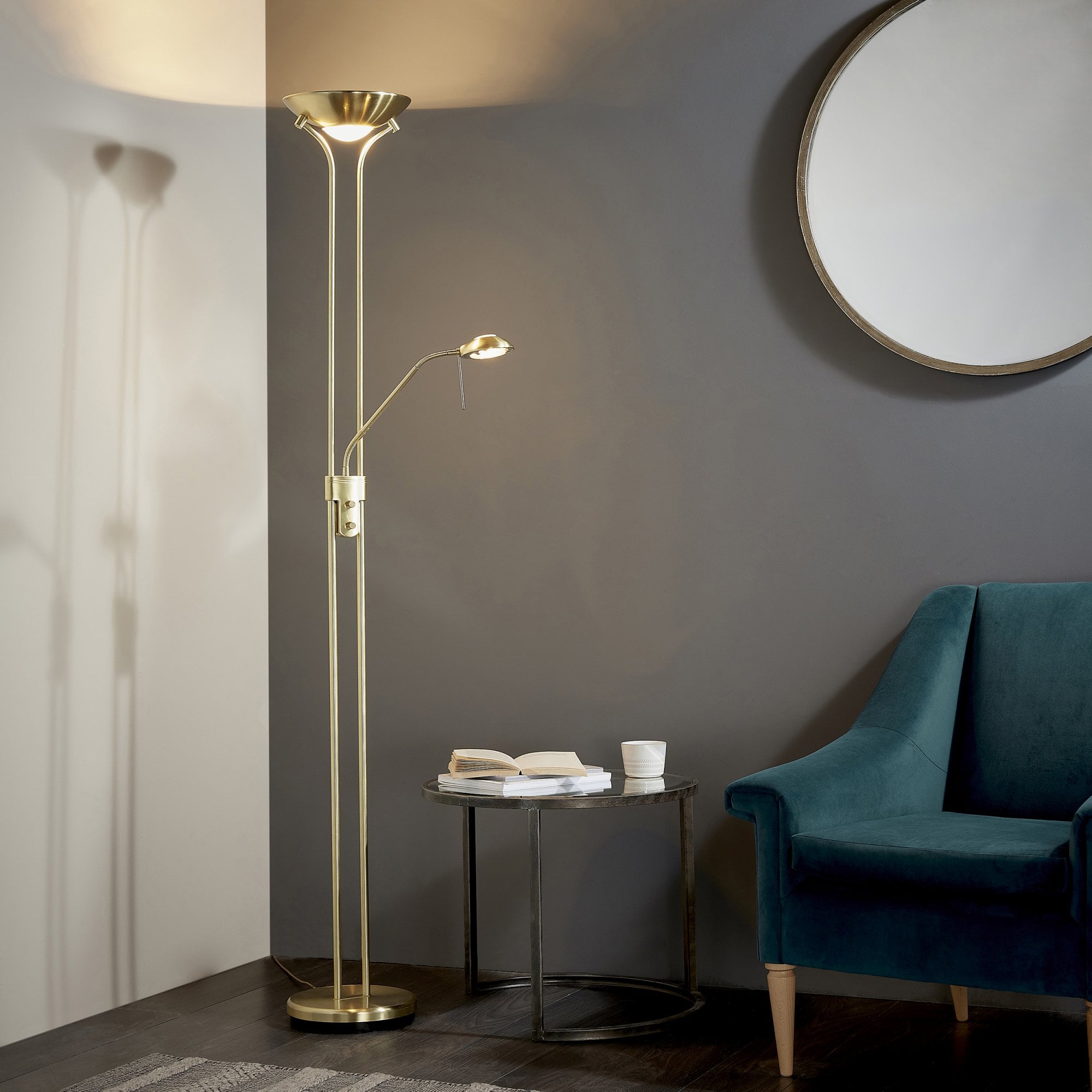 Endon Rome Single Light Floor Lamp - Satin Brass Plate & Opal Glass