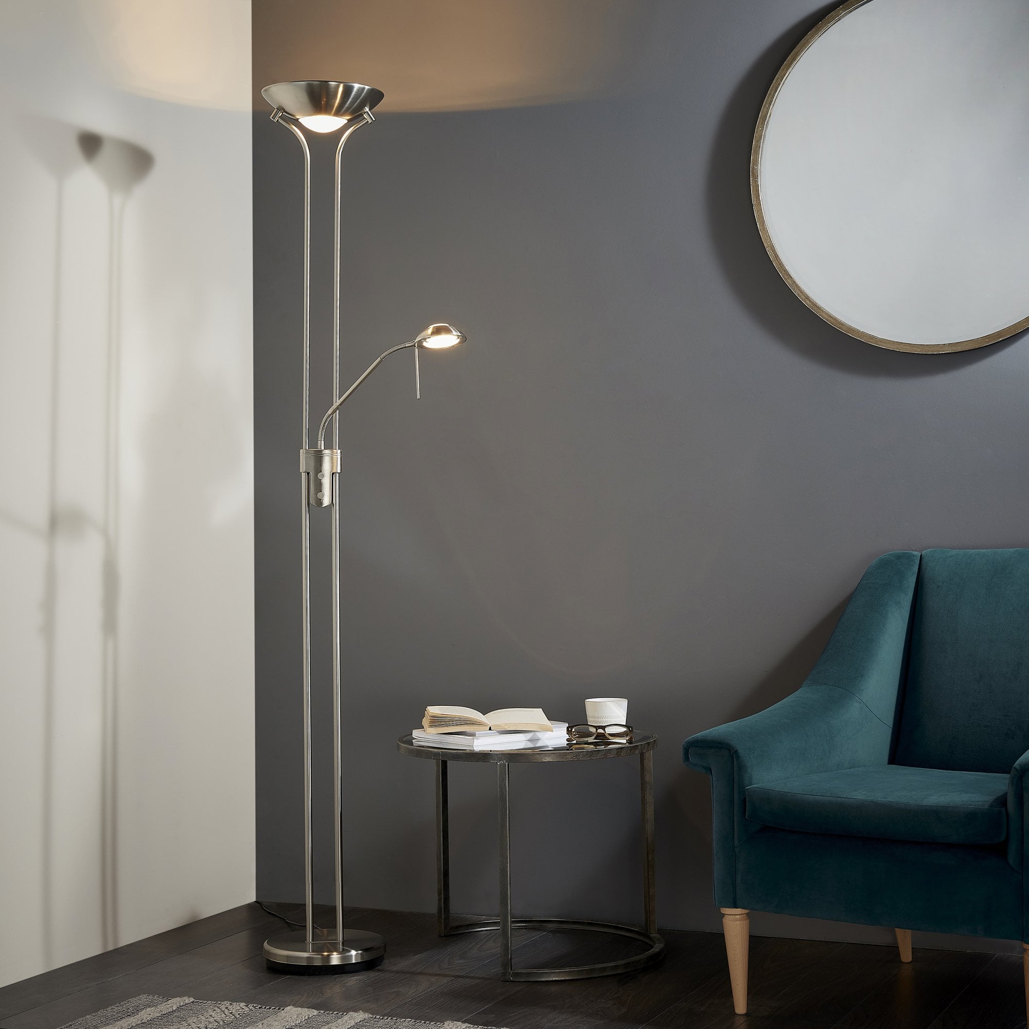 Endon Rome Single Light Floor Lamp - Satin Chrome Plate & Opal Glass