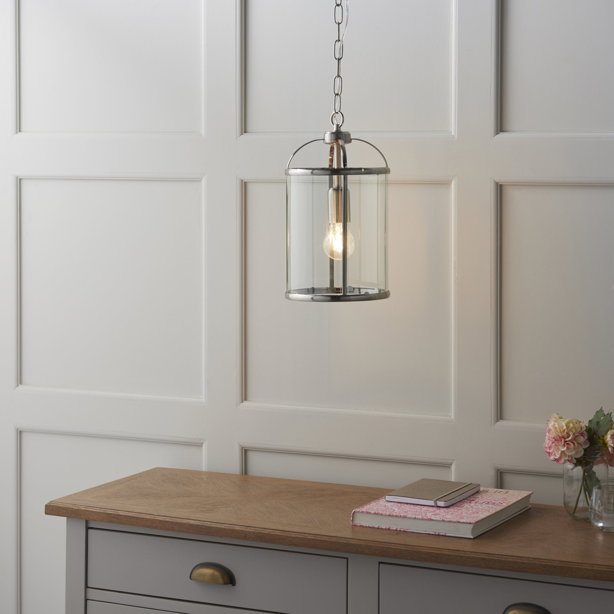 Endon Lambeth Single Light Pendant - Satin Nickel Plate & Clear Glass