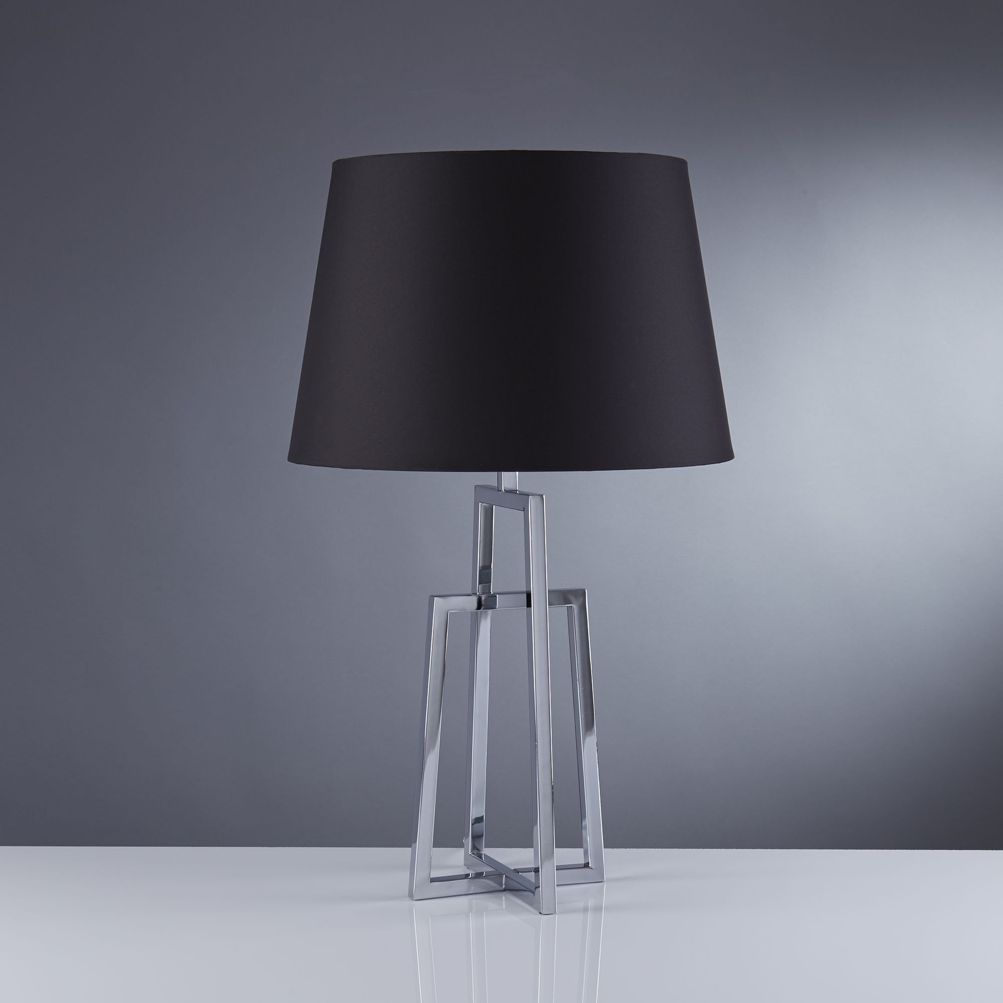 Searchlight Yew Table Lamp Crossed Frame, Chrome, Black Tapered Shade