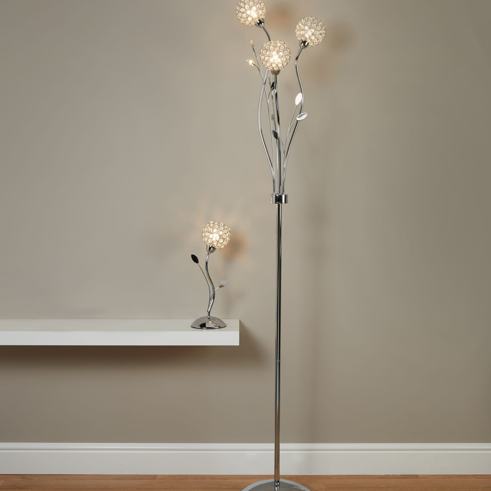 Searchlight Bay II 3 Light Floor Lamp - Chrome & Clear Glass Deco Shades