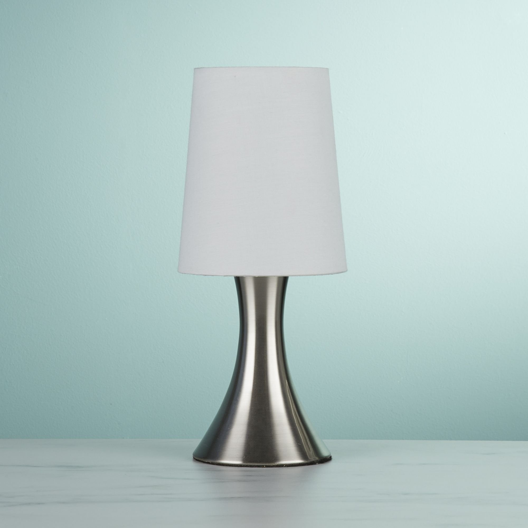 Searchlight Touch Table Lamp, Satin Silver Base, White Tapered Shade