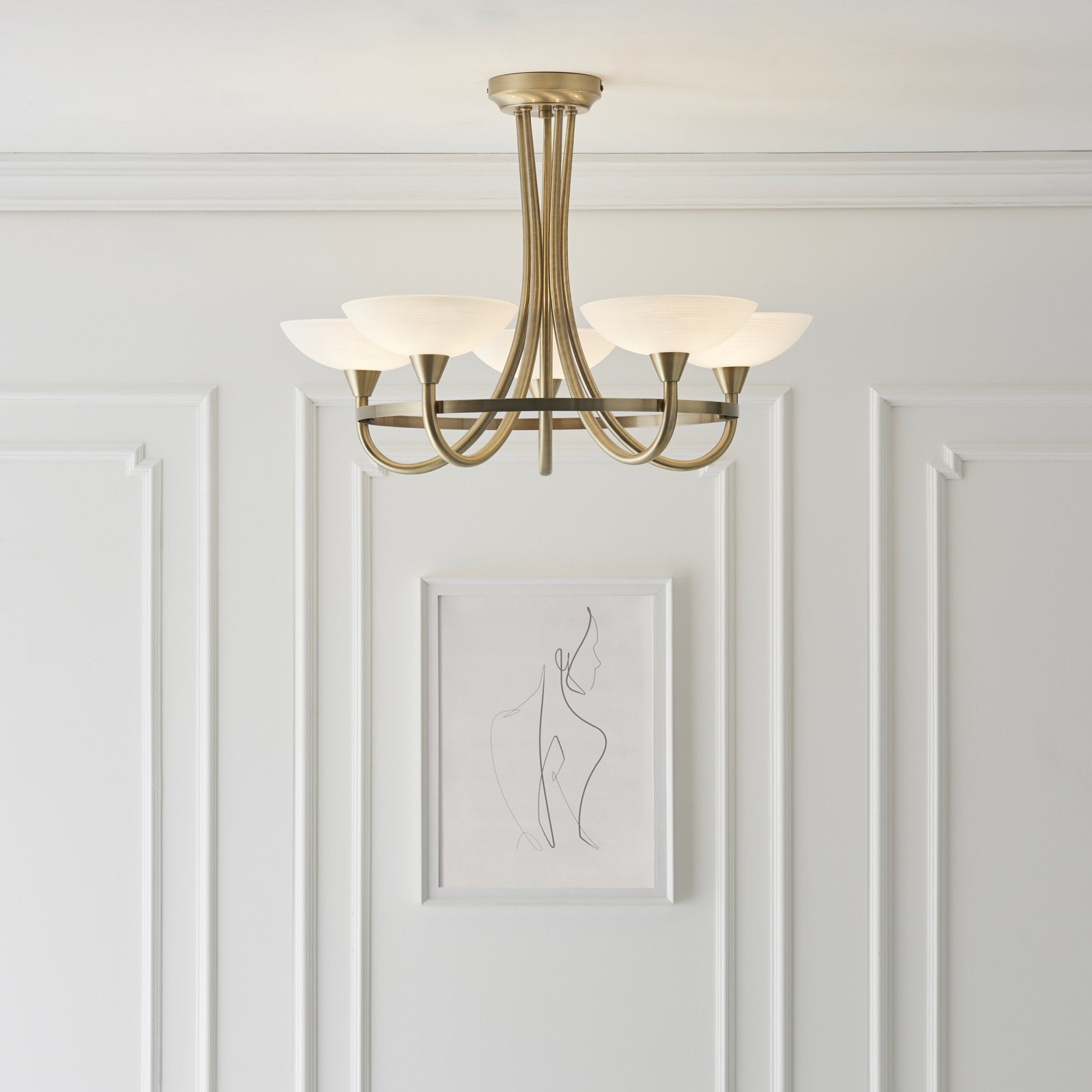 Endon Cagney 5 Light Semi Flush Fitting - Antique Brass Plate & White Glass