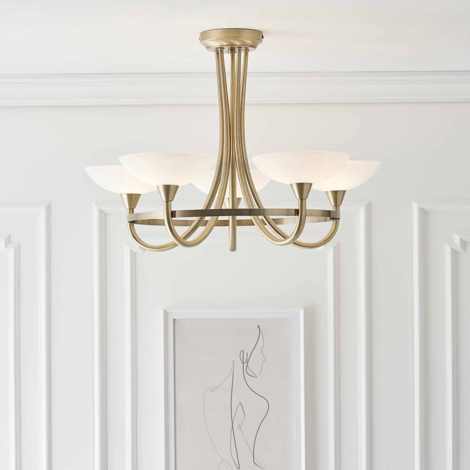 Endon Cagney 5 Light Semi Flush Fitting - Antique Brass Plate & White Glass