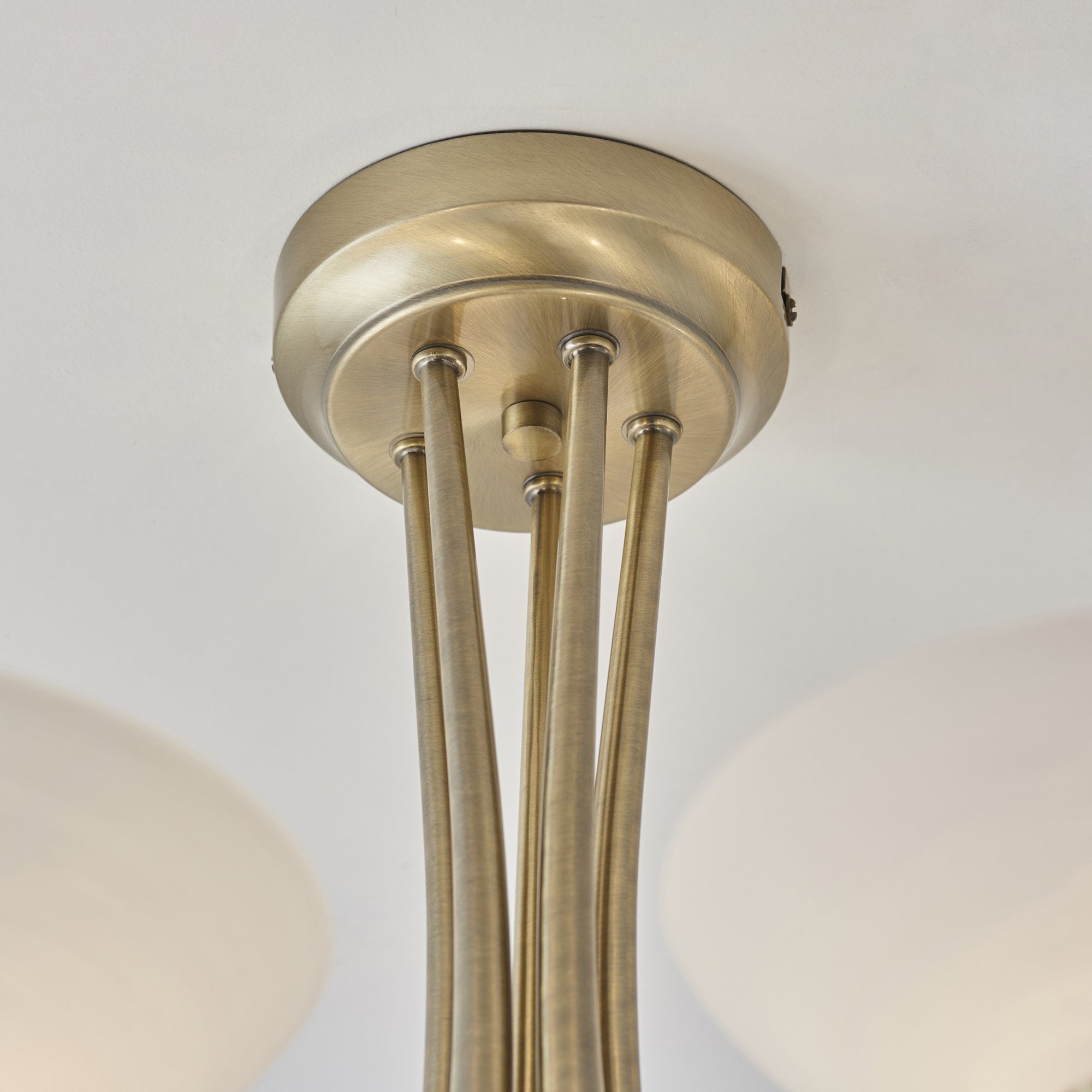Endon Cagney 5 Light Semi Flush Fitting - Antique Brass Plate & White Glass