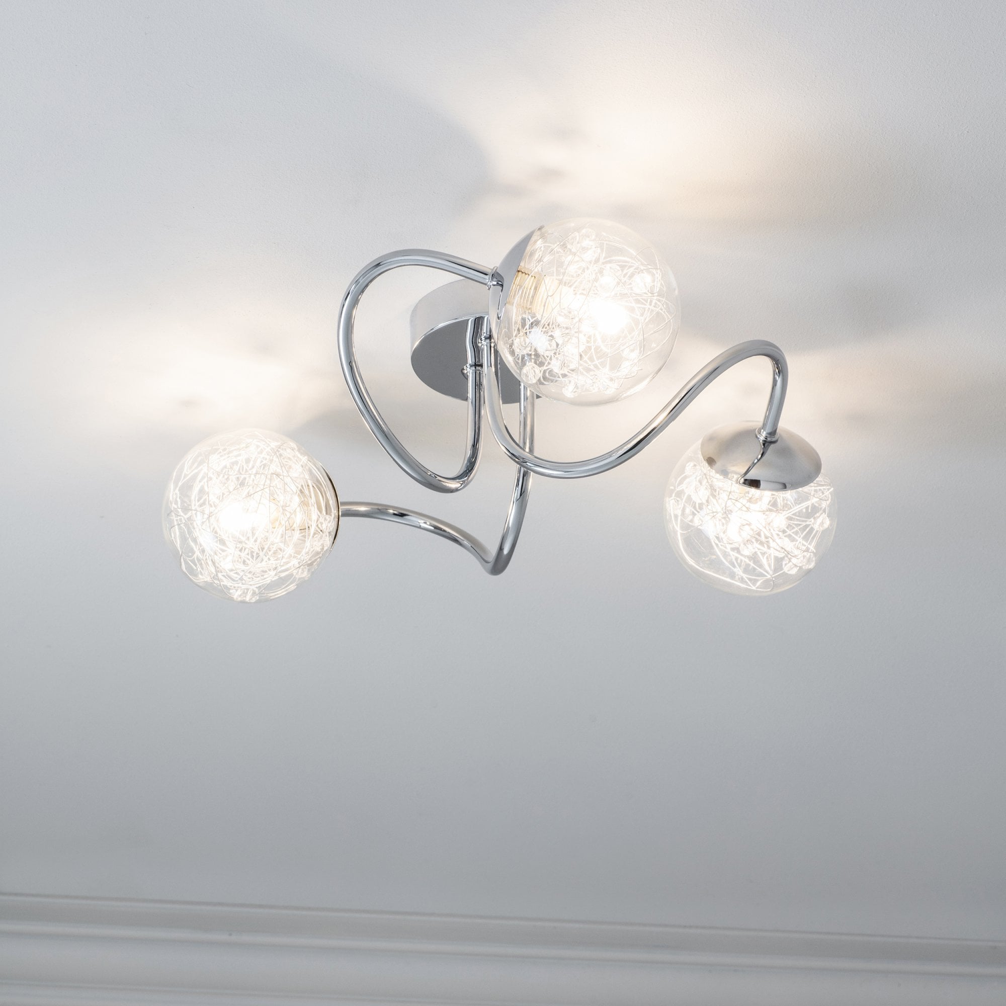 Endon Auria 3 Light Semi Flush Fitting - Chrome Plate With Clear Glass & Chrome Wire