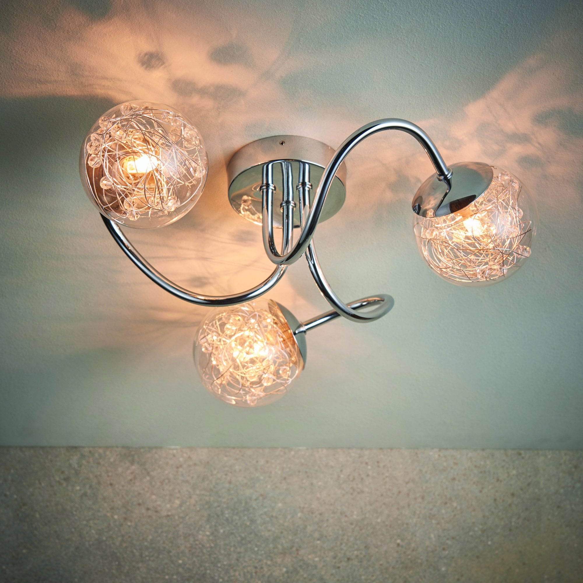 Endon Auria 3 Light Semi Flush Fitting - Chrome Plate With Clear Glass & Chrome Wire