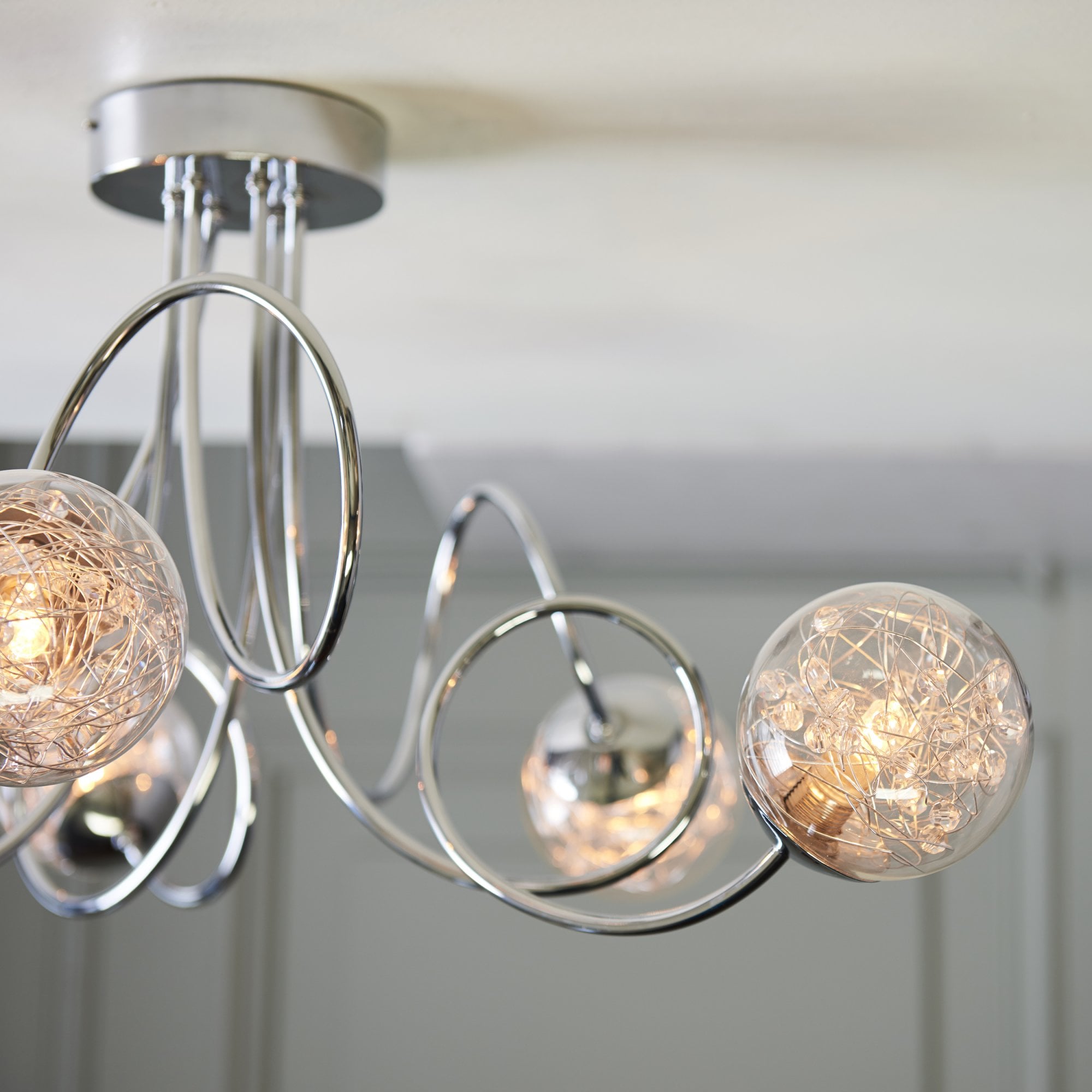 Endon Auria 6 Light Semi Flush Fitting - Chrome Plate With Clear Glass & Chrome Wire