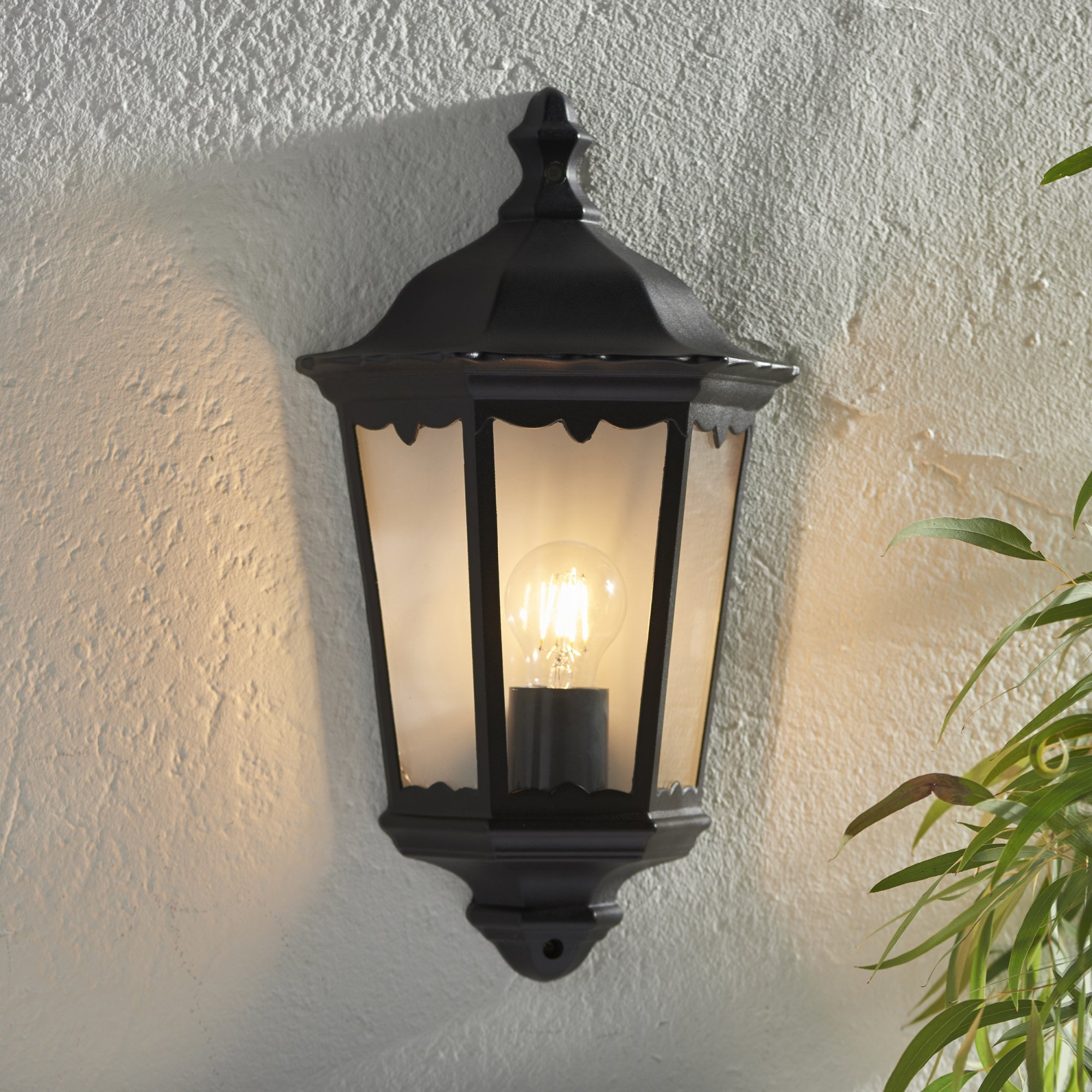 Endon Burford Single Light Wall Half Lantern - Matt Black & Clear Glass