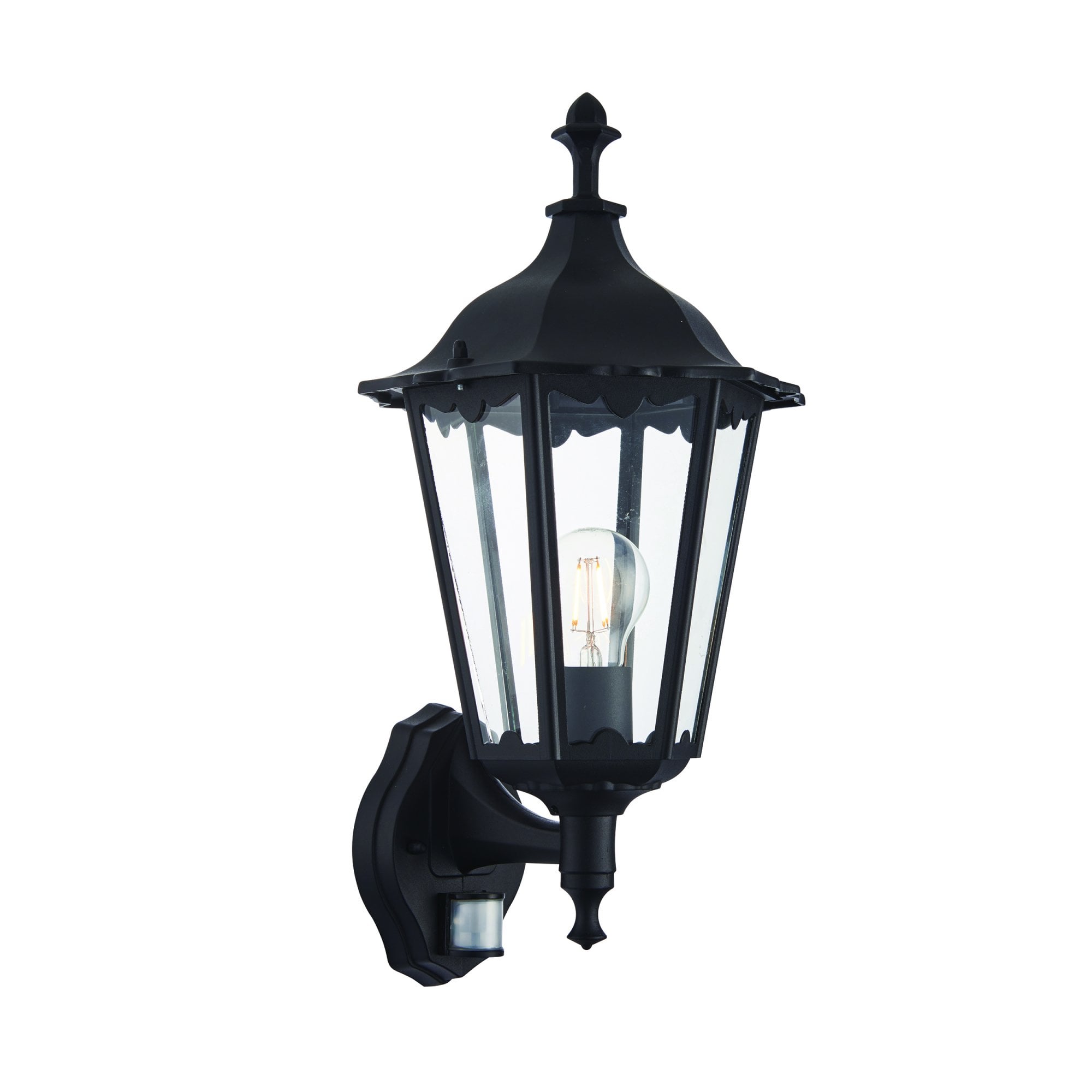 Endon Burford Single Light Wall Light with PIR - Matt Black & Clear Glass