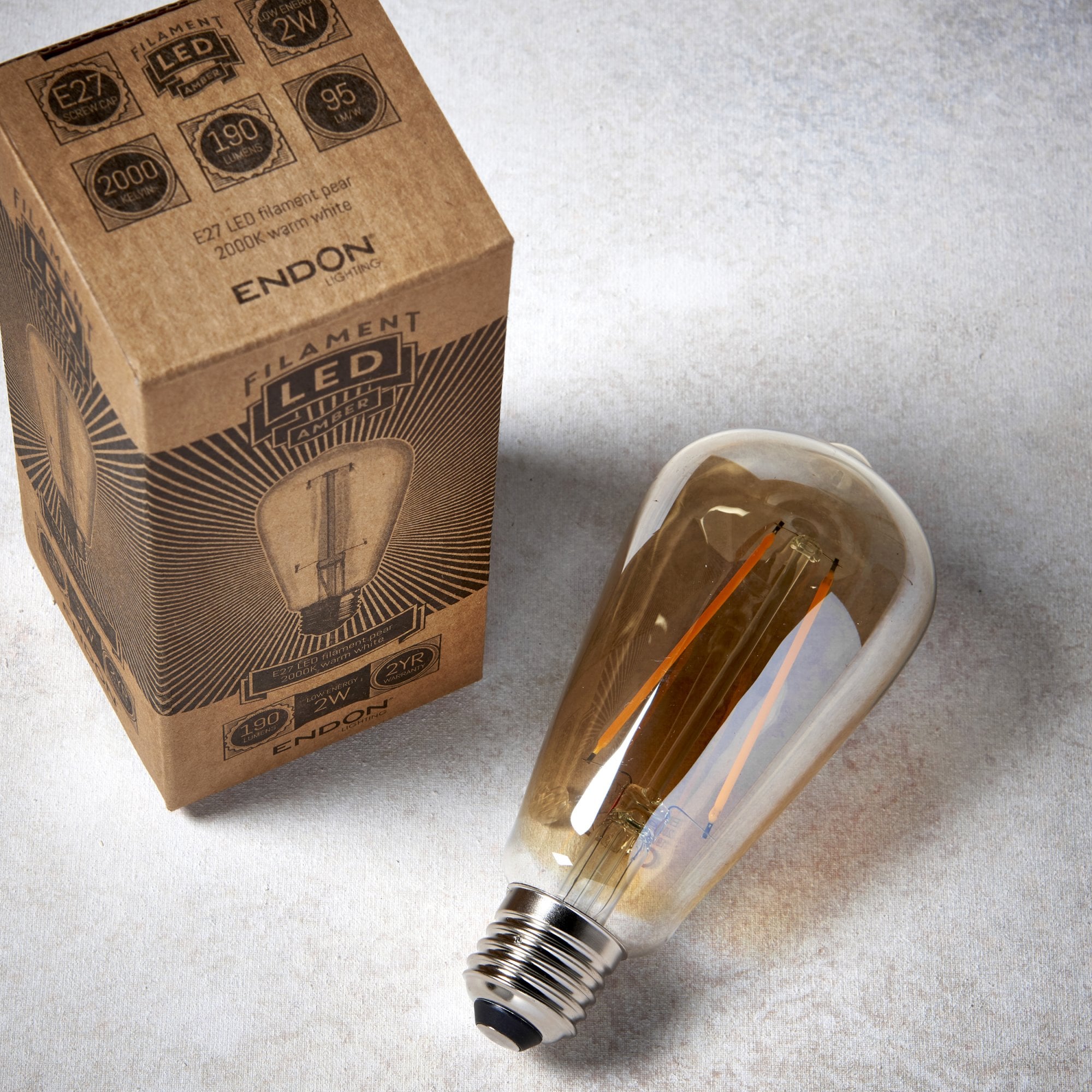 Endon E27 LED 2W Pear Shaped Bulb - 2000K - Non-Dimmable - Amber Glass