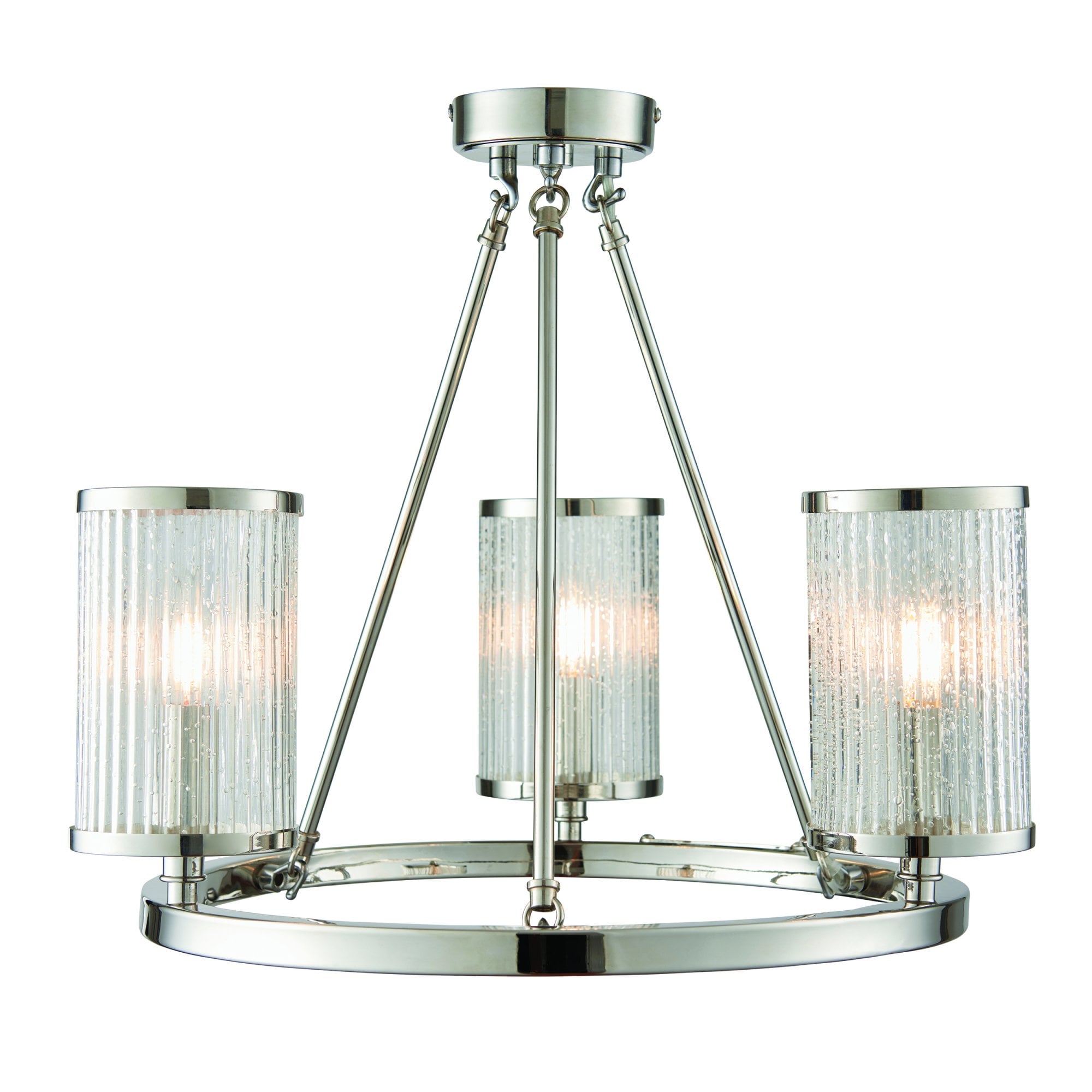Endon Easton 3 Light Semi Flush Fitting - Bright Nickel Plate & Ribbed Bubble Glass