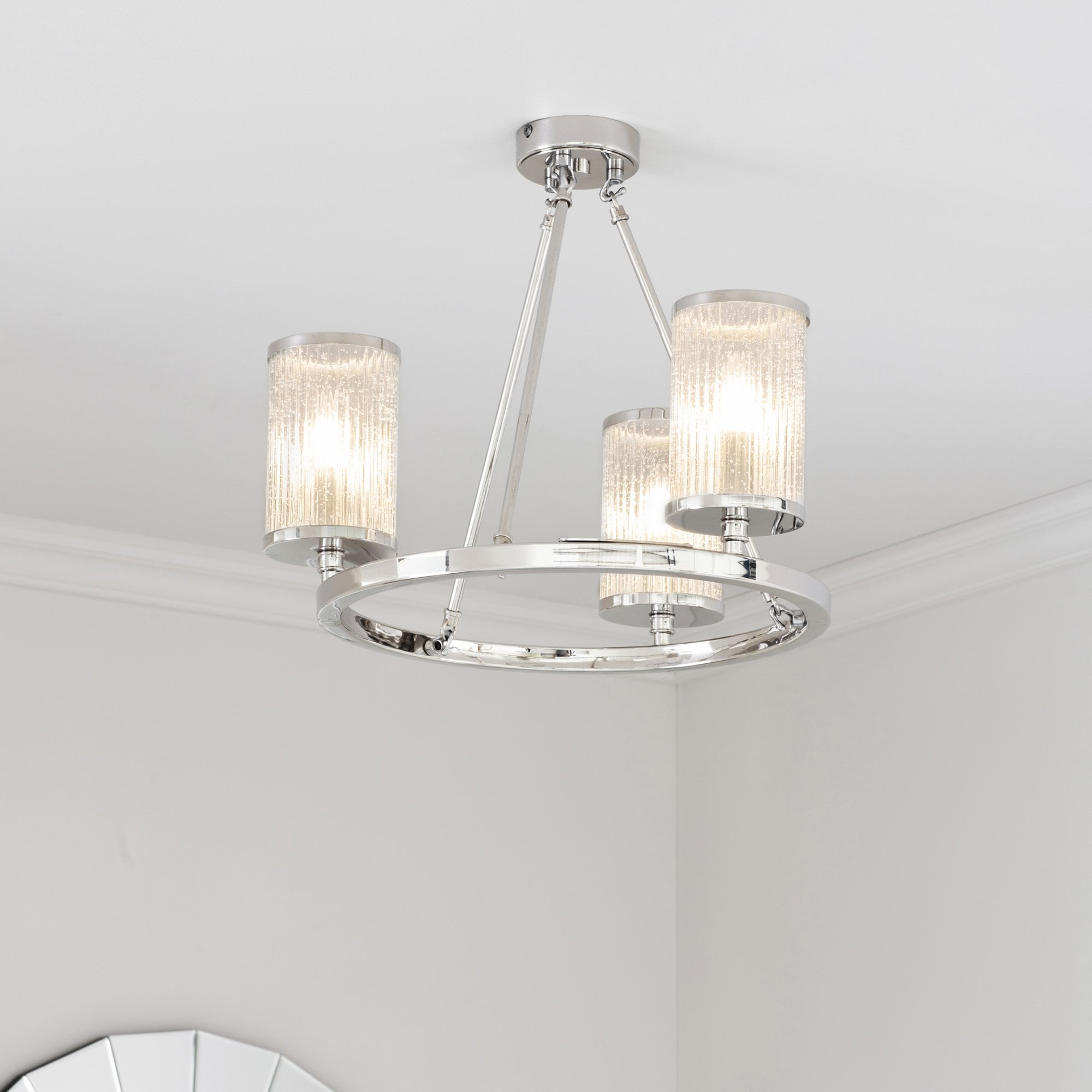 Endon Easton 3 Light Semi Flush Fitting - Bright Nickel Plate & Ribbed Bubble Glass
