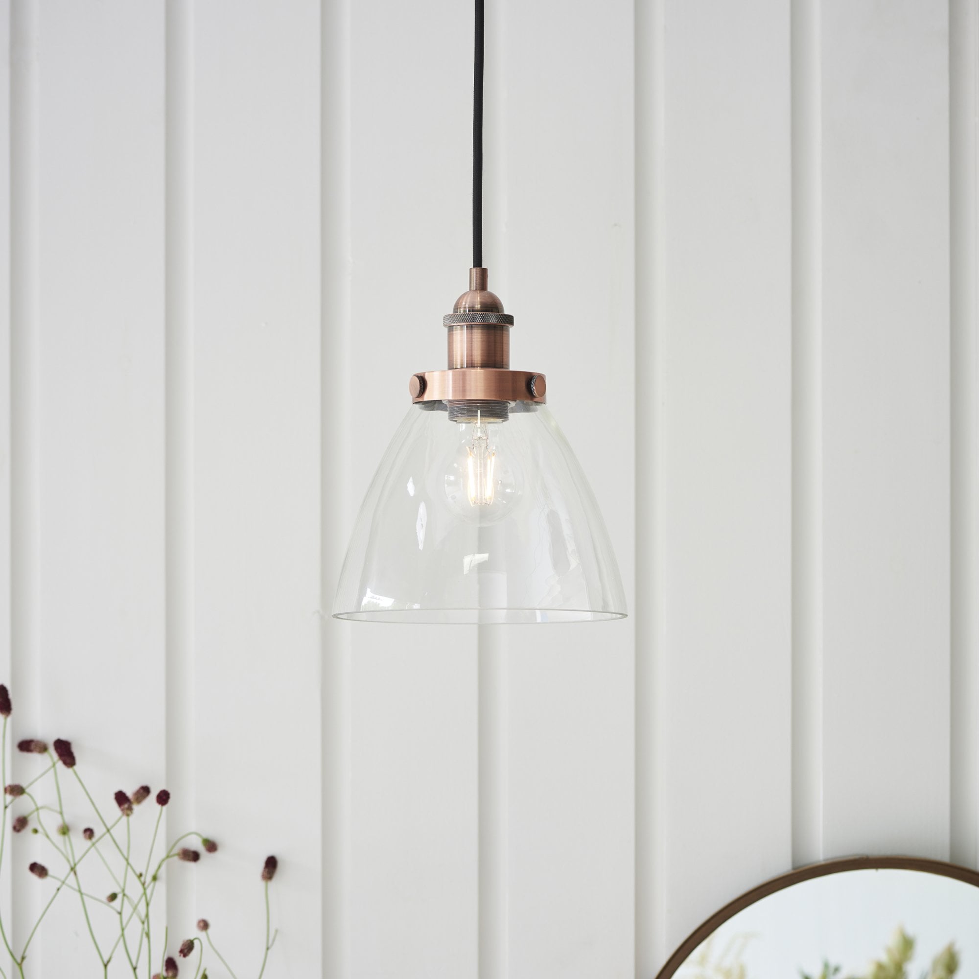 Endon Hansen Single Light Pendant - Aged Copper Plate & Clear Glass