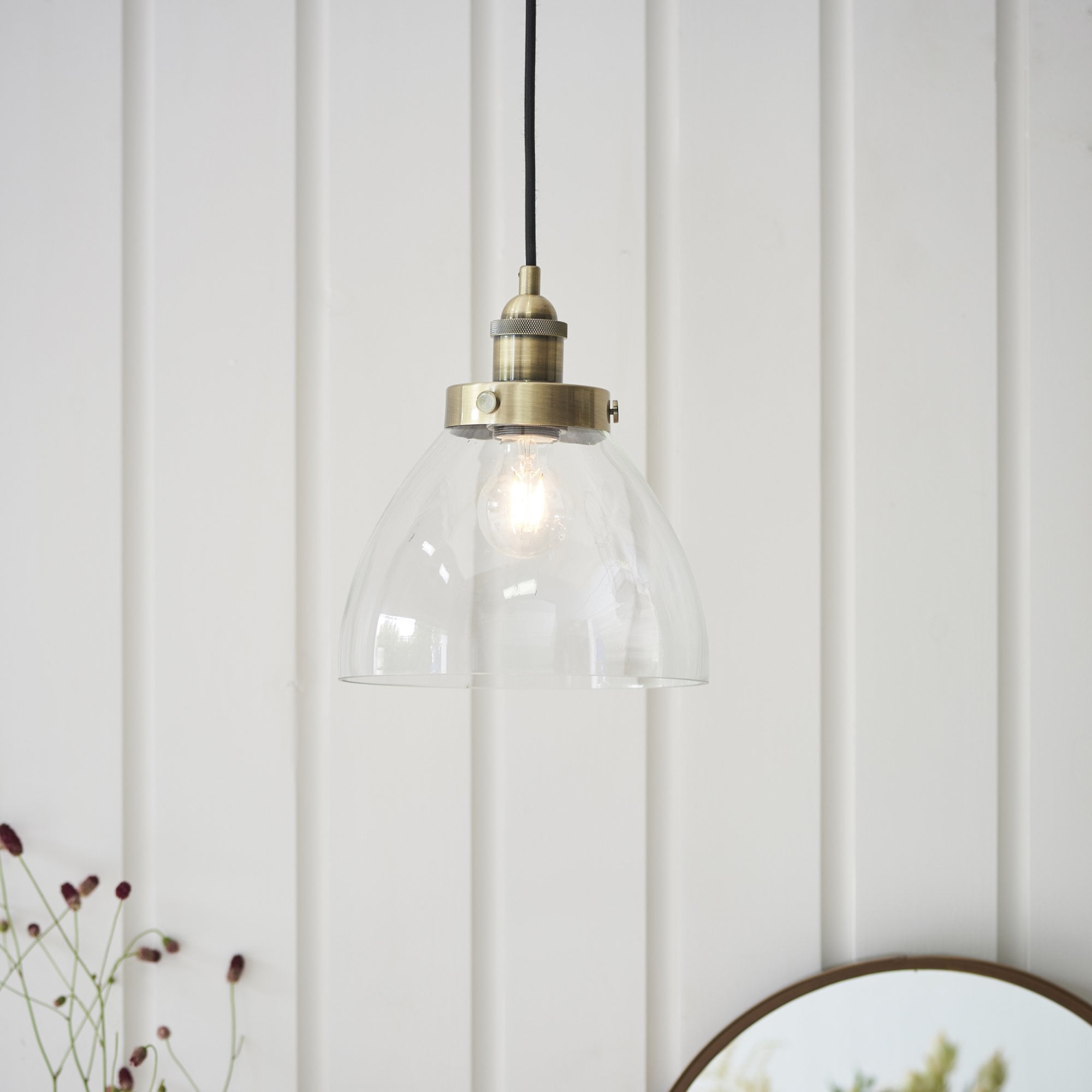 Endon Hansen Single Light Pendant - Antique Brass Plate & Clear Glass
