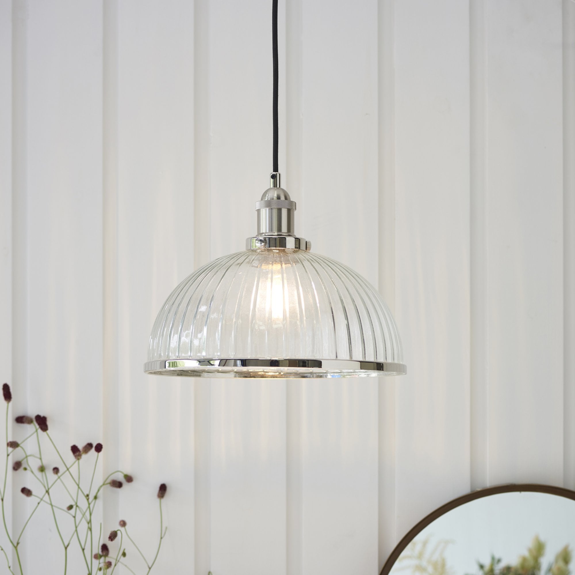 Endon Hansen Single Light Pendant - Bright Nickel Plate & Clear Ribbed Glass