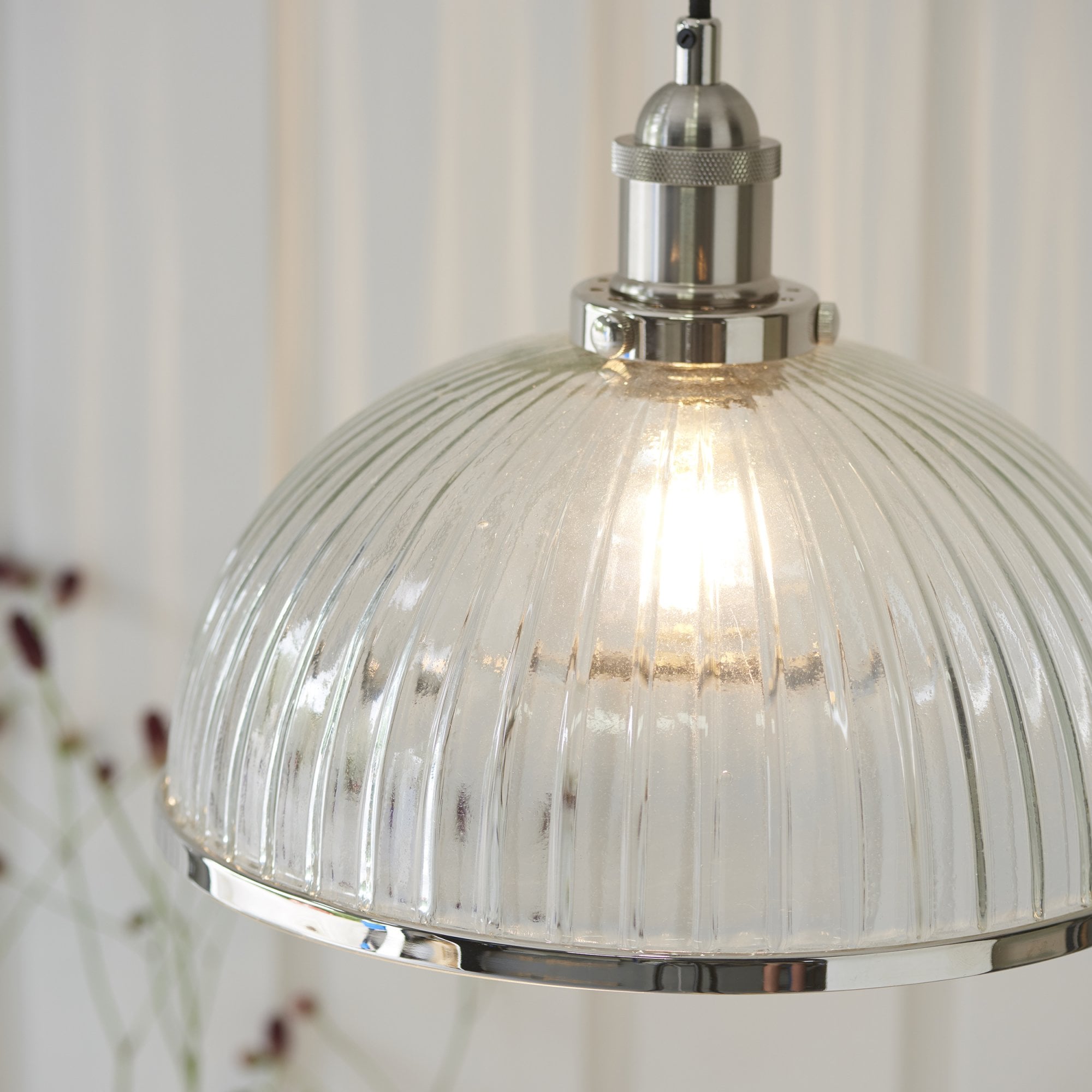 Endon Hansen Single Light Pendant - Bright Nickel Plate & Clear Ribbed Glass