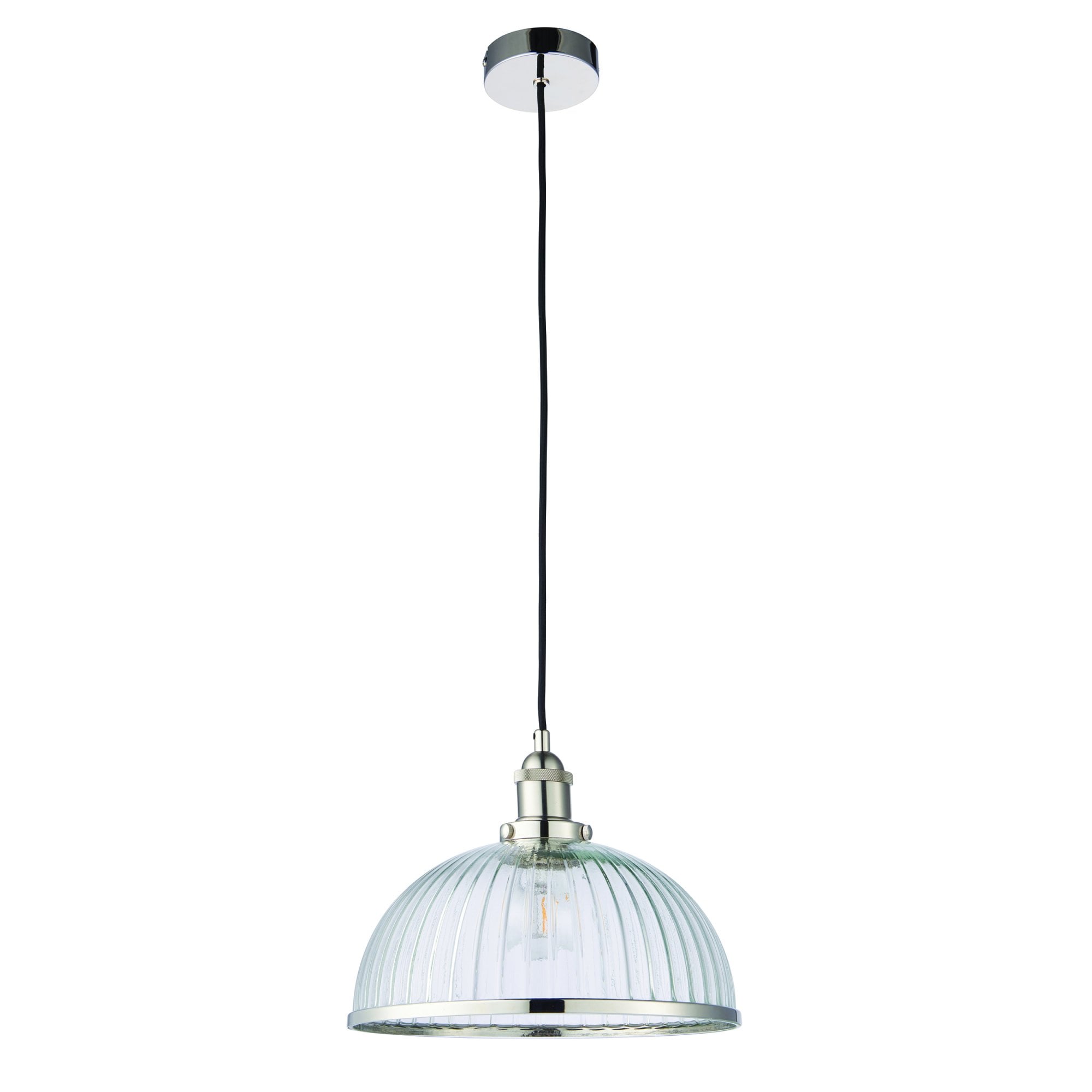 Endon Hansen Single Light Pendant - Bright Nickel Plate & Clear Ribbed Glass