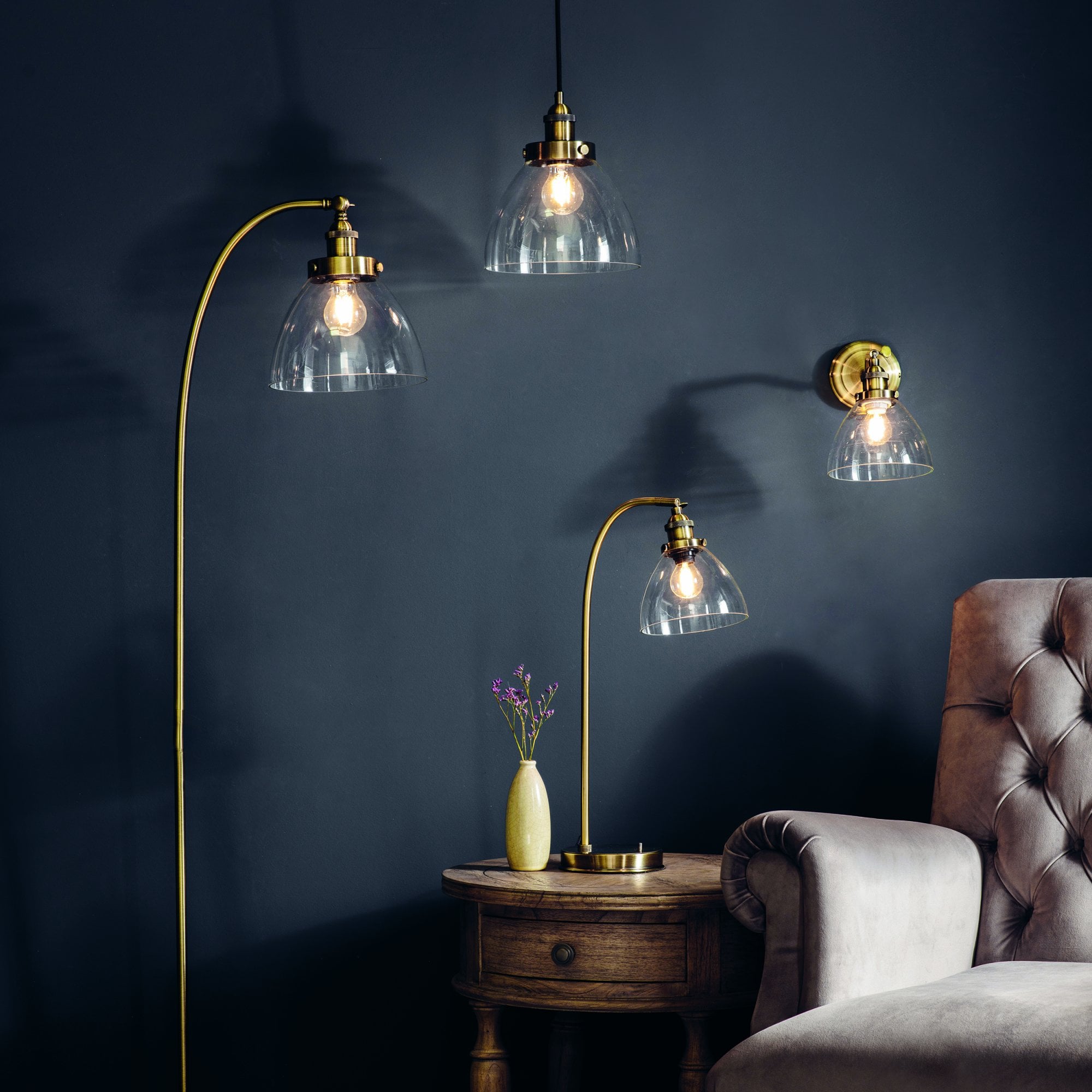 Endon Hansen Single Light Wall Light - Antique Brass Plate & Clear Glass