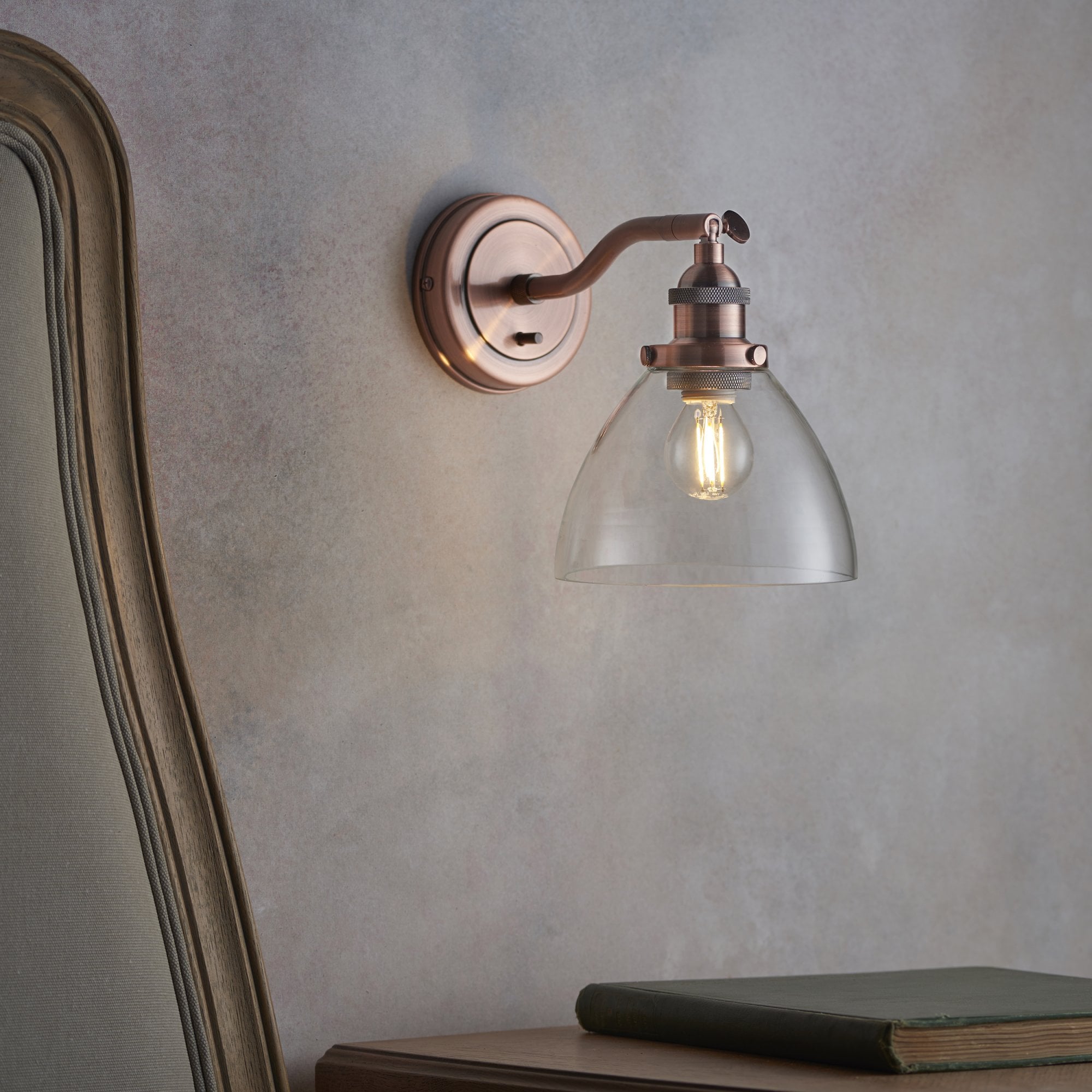 Endon Hansen Single Light Wall Light - Aged Copper Plate & Clear Glass