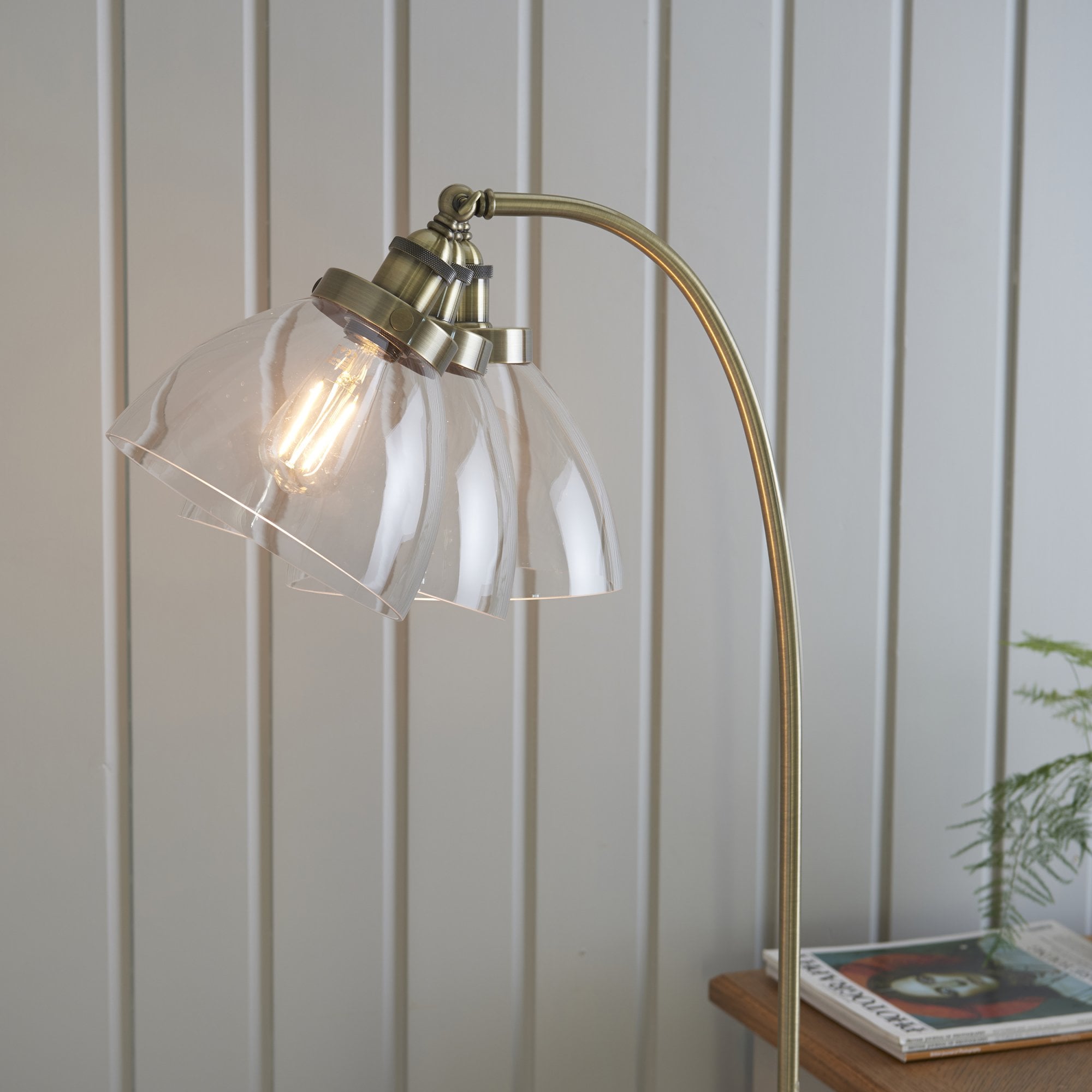 Endon Hansen Single Light Floor Lamp - Antique Brass Plate & Clear Glass