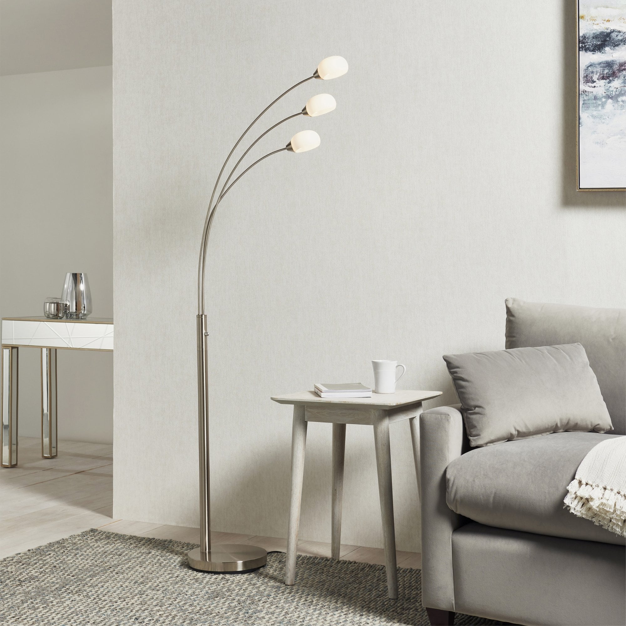 Endon Jaspa 3 Light Floor Lamp - Satin Nickel Plate & White Glass